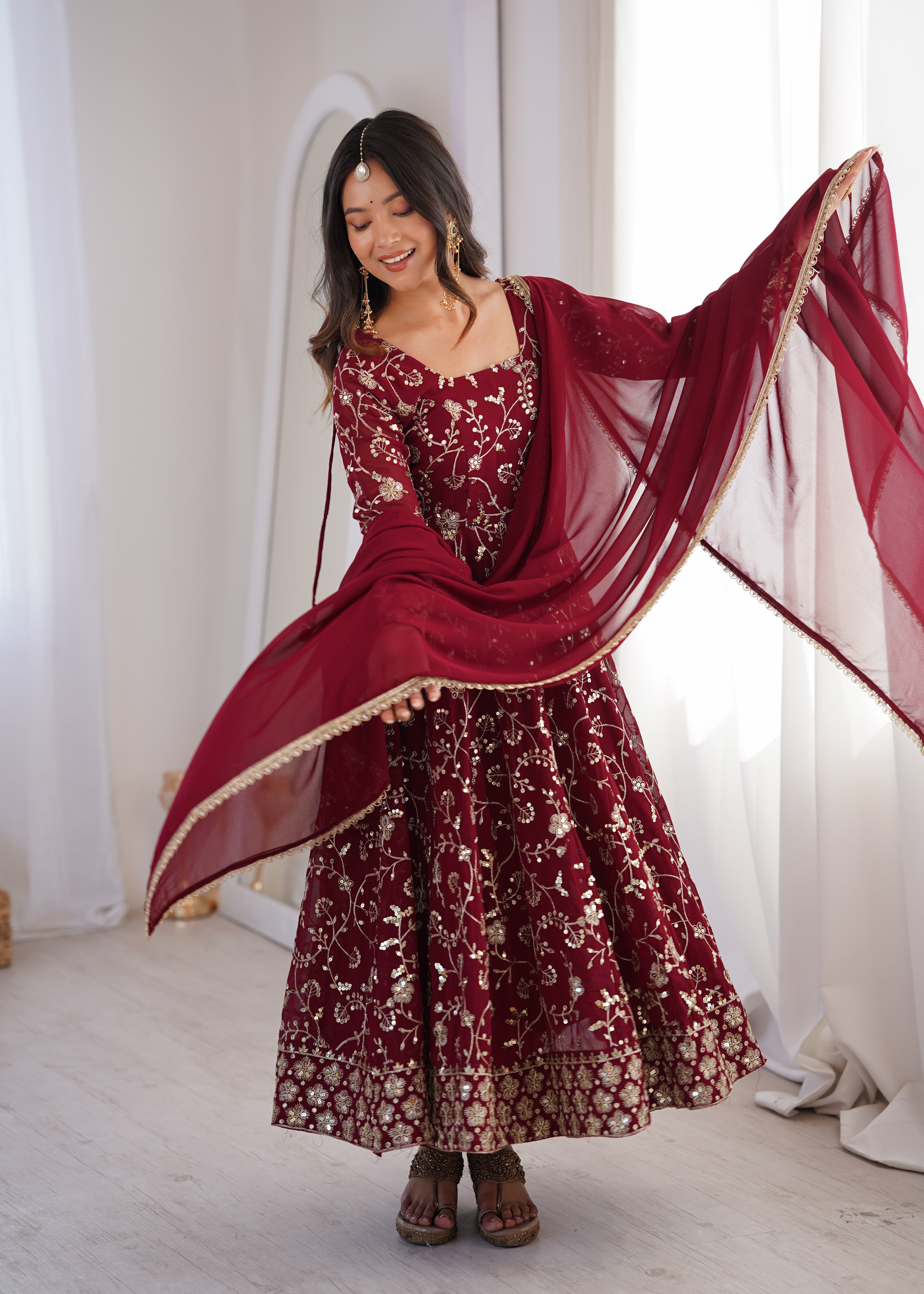 Maroon Heavy Embroidered Faux Georgette Anarkali Suit Set with Dupatta