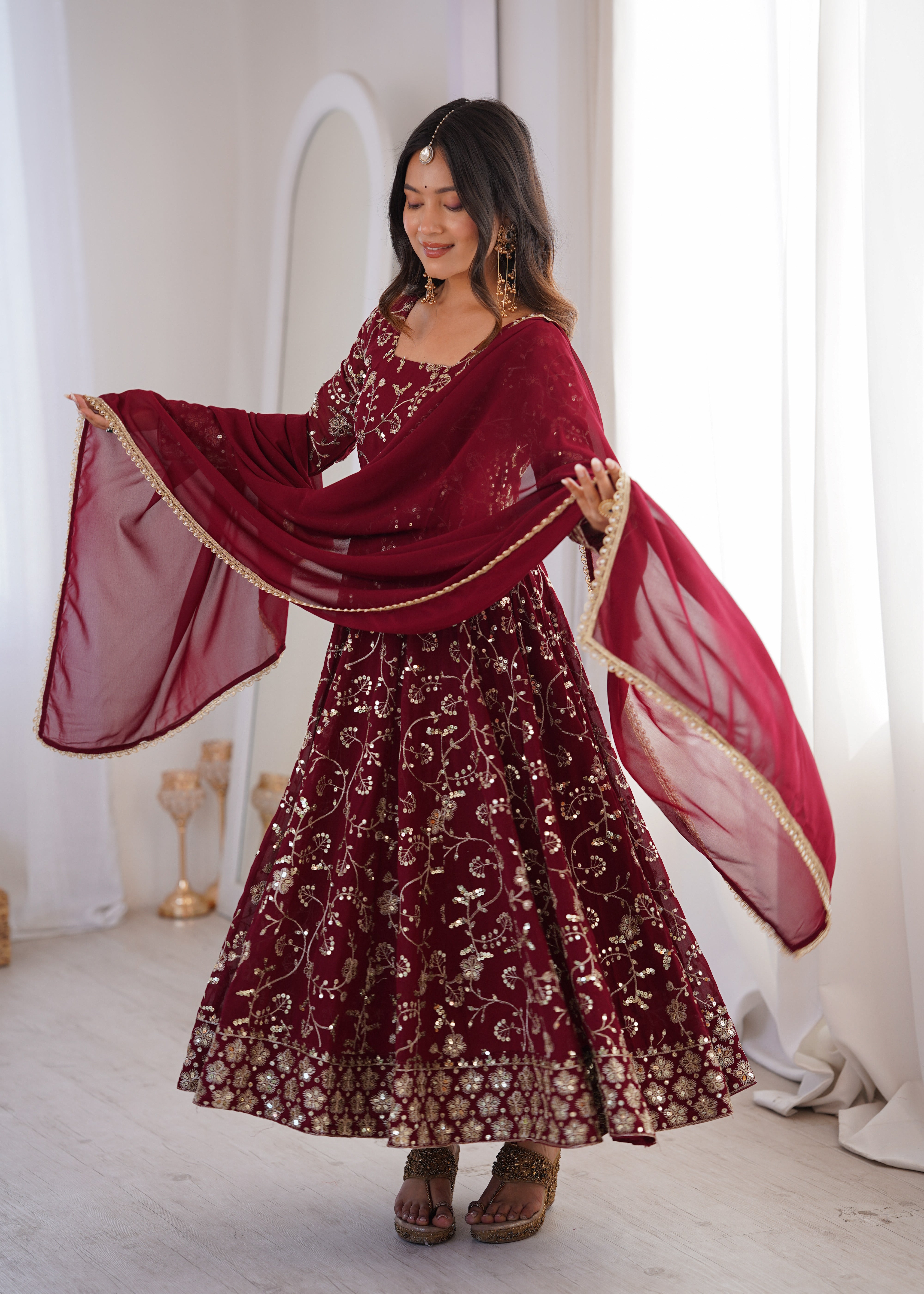Maroon Heavy Embroidered Faux Georgette Anarkali Suit Set with Dupatta