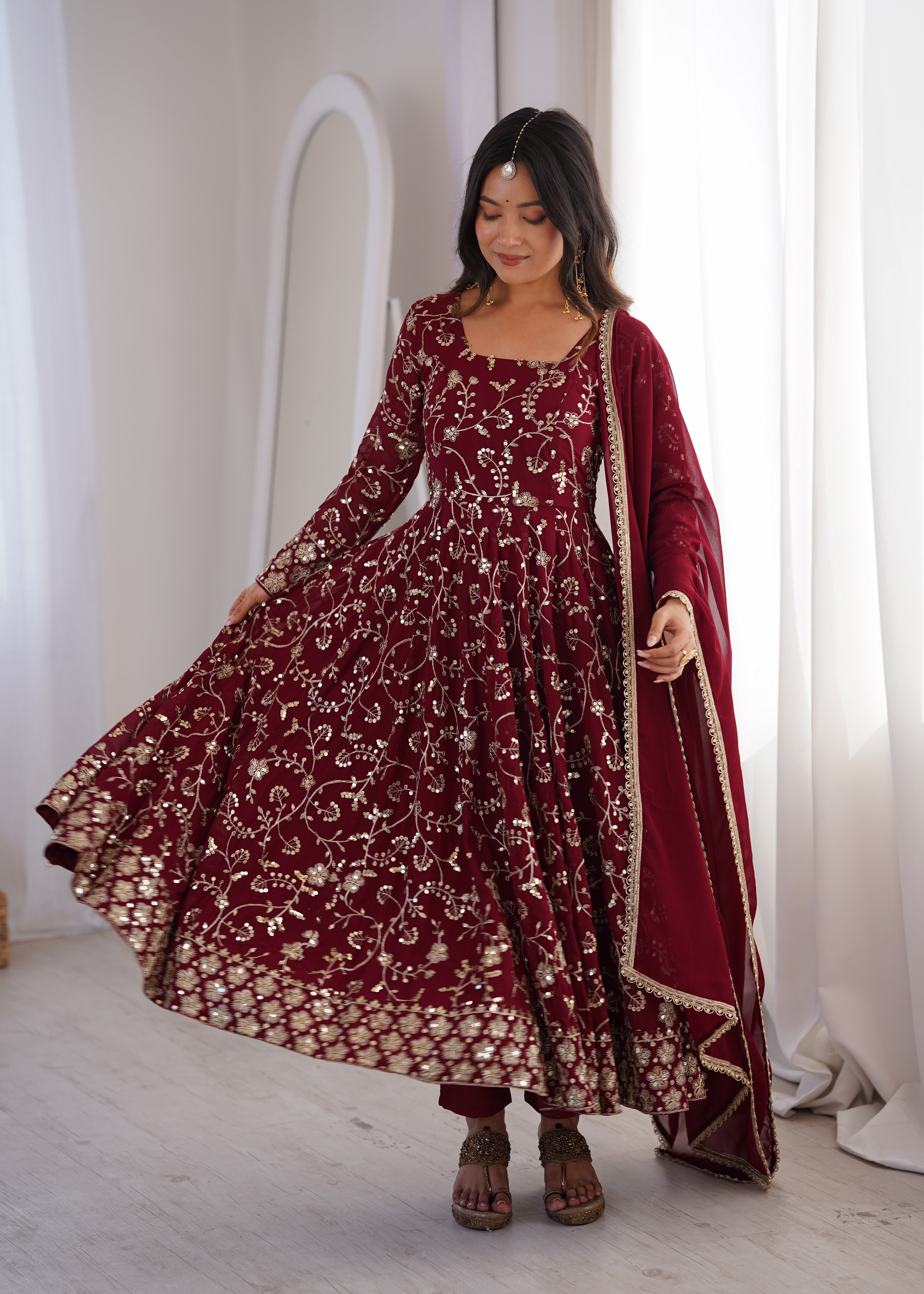 Maroon Heavy Embroidered Faux Georgette Anarkali Suit Set with Dupatta