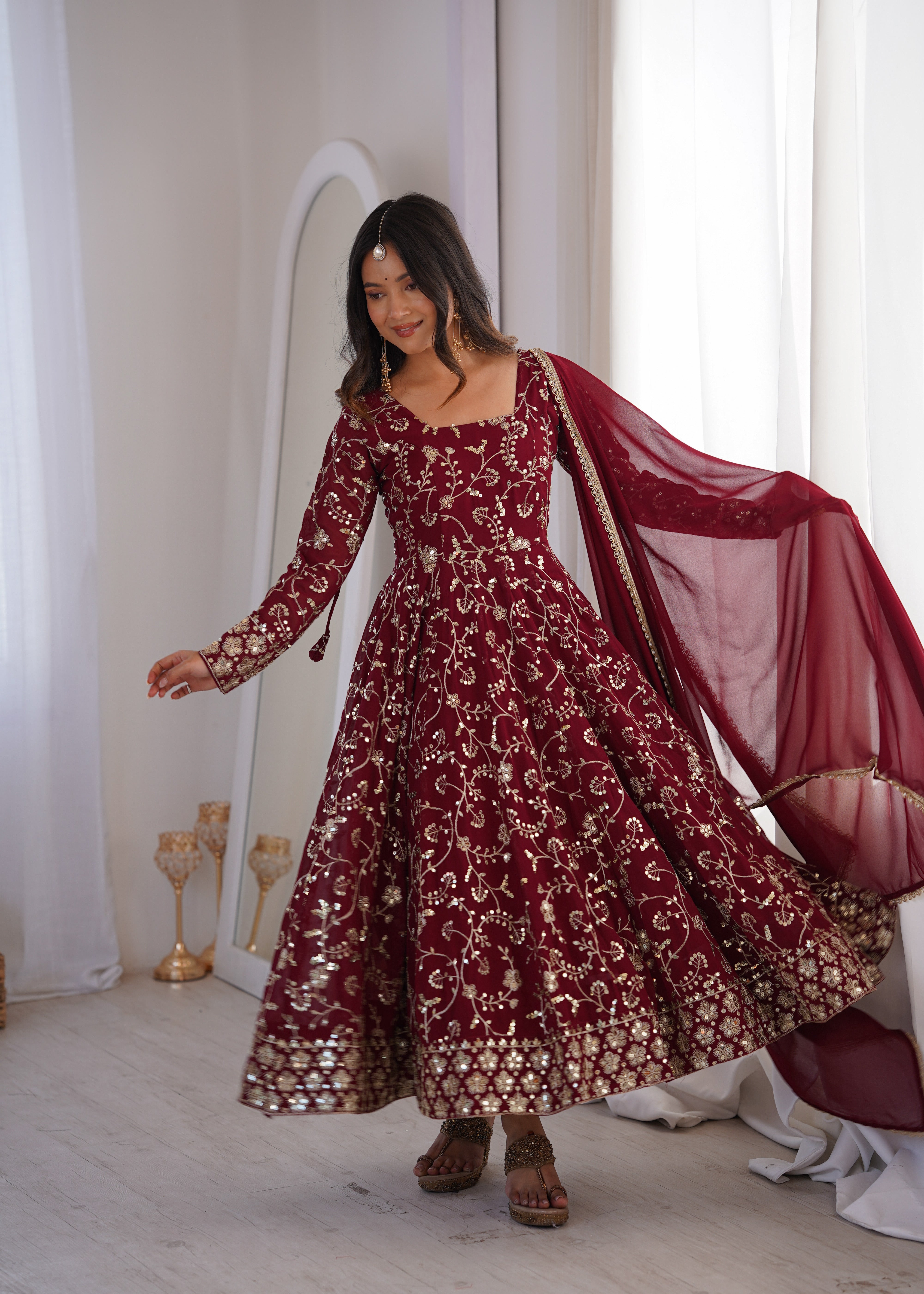 Maroon Heavy Embroidered Faux Georgette Anarkali Suit Set with Dupatta