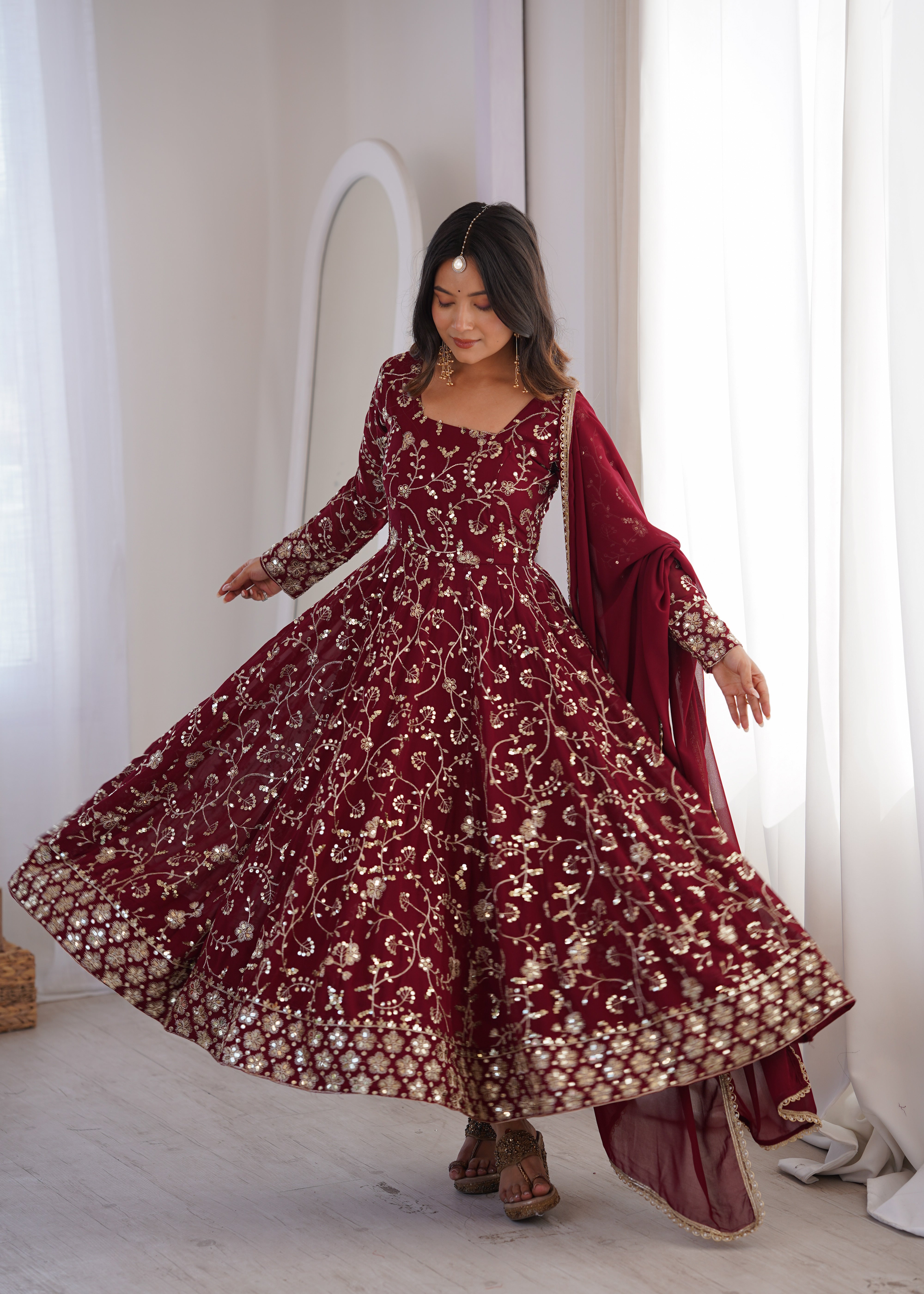 Maroon Heavy Embroidered Faux Georgette Anarkali Suit Set with Dupatta
