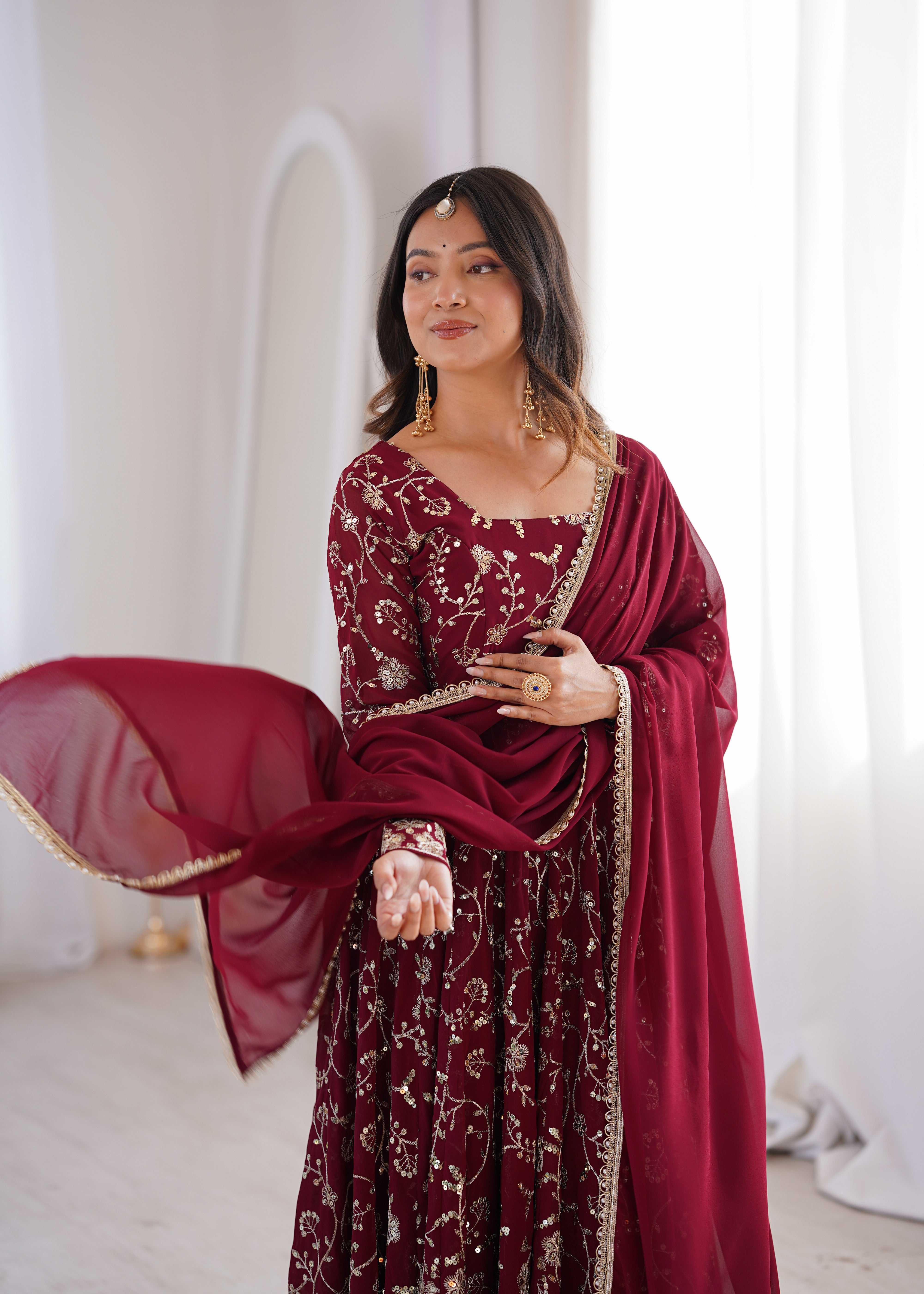 Maroon Heavy Embroidered Faux Georgette Anarkali Suit Set with Dupatta