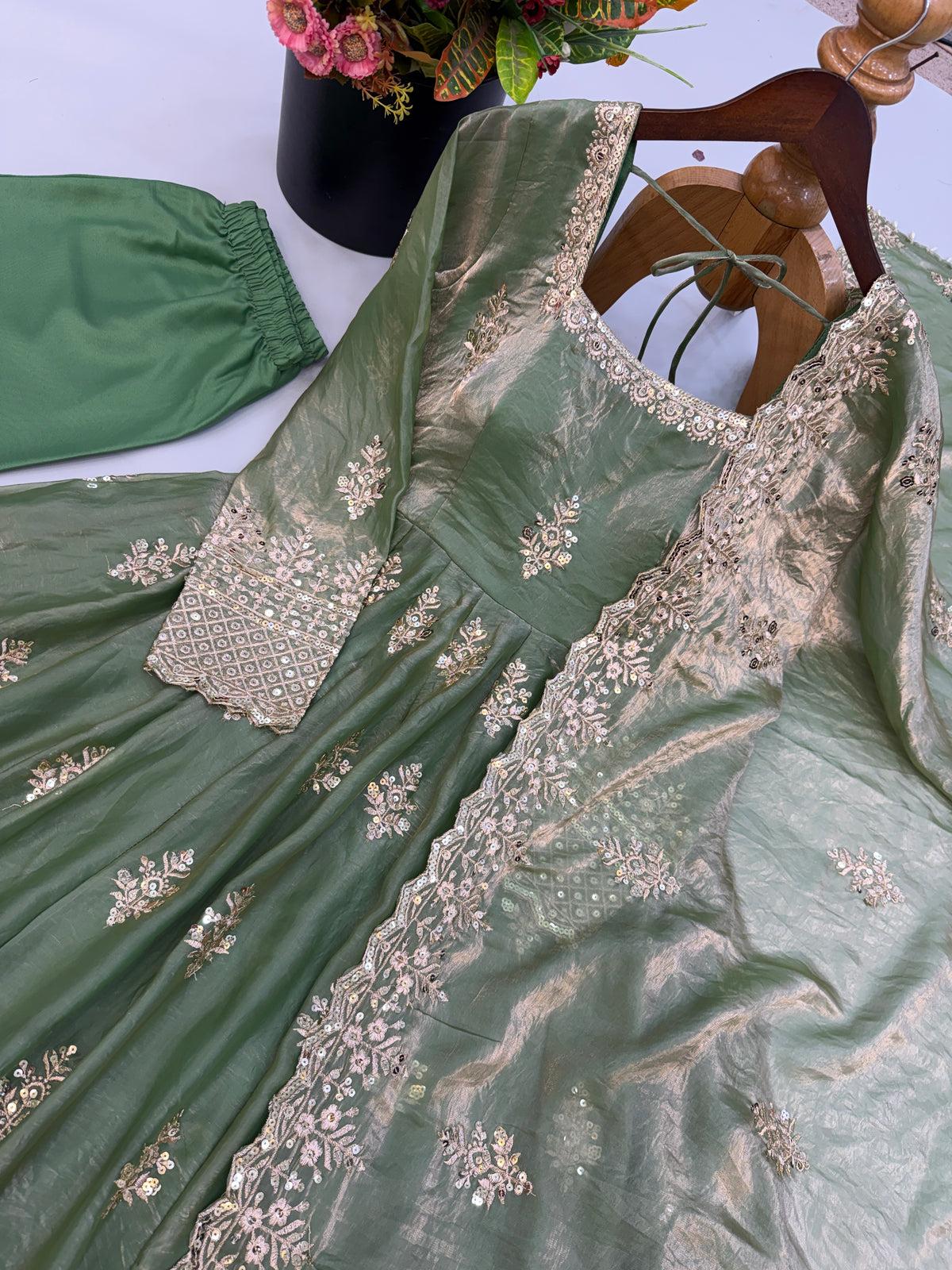 Sage Green Fendy Silk Gown Pant Set with Sequin Embroidery Dupatta