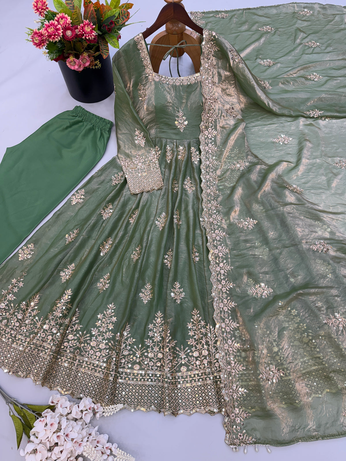 Sage Green Fendy Silk Gown Pant Set with Sequin Embroidery Dupatta