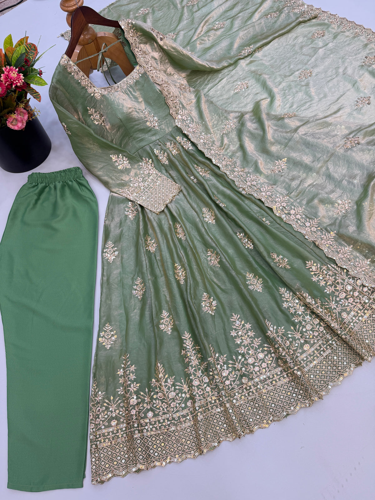 Sage Green Fendy Silk Gown Pant Set with Sequin Embroidery Dupatta
