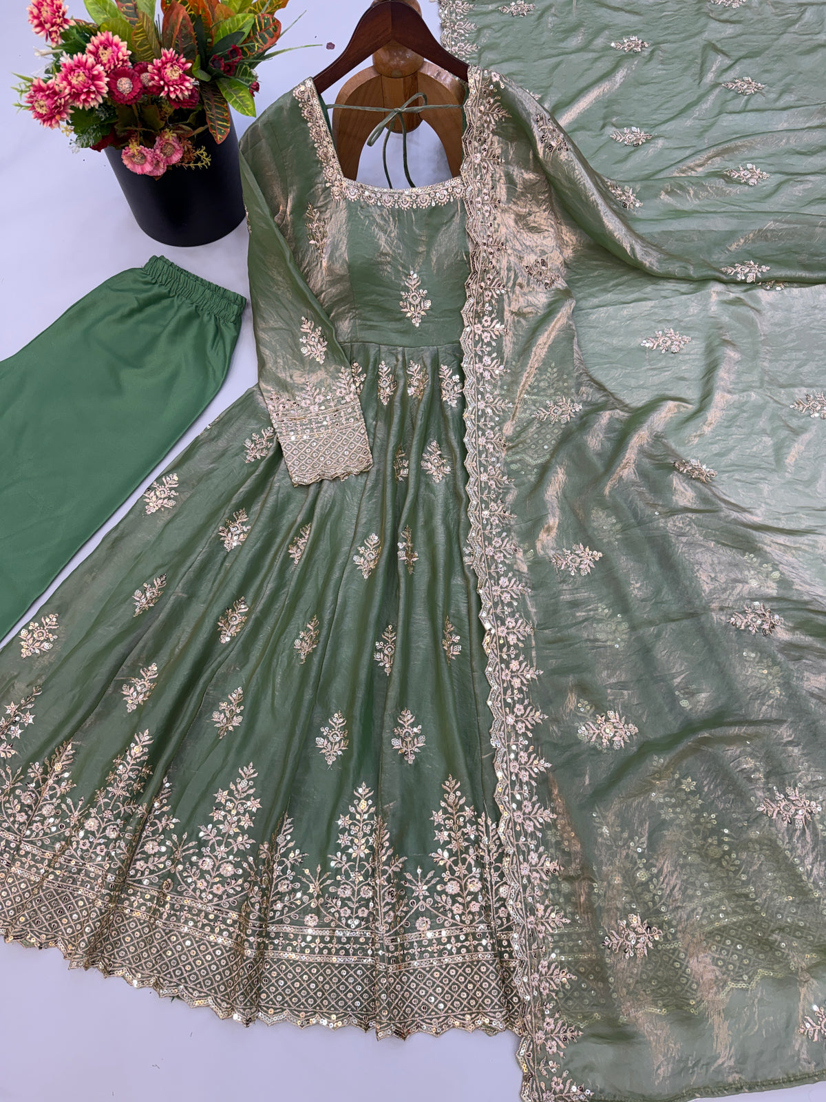Sage Green Fendy Silk Gown Pant Set with Sequin Embroidery Dupatta