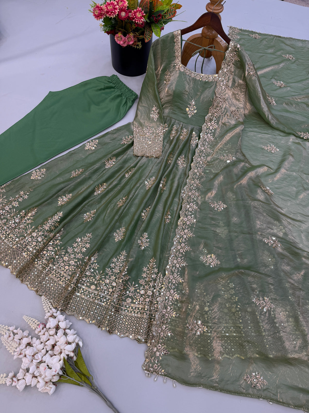 Sage Green Fendy Silk Gown Pant Set with Sequin Embroidery Dupatta