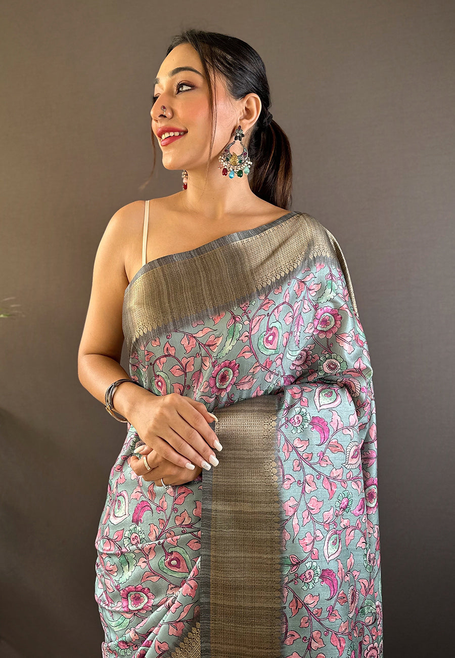 Sky Assam Silk Kalamkari Printed Saree