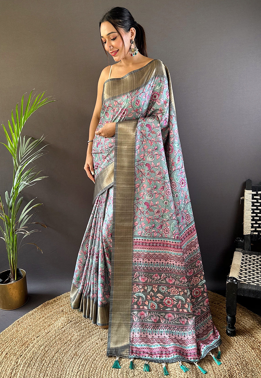 Sky Assam Silk Kalamkari Printed Saree