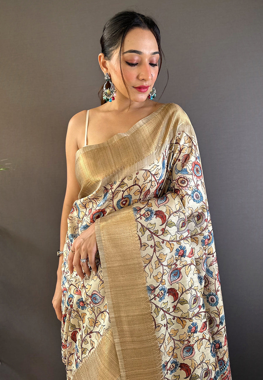 Cream Tussar Silk Saree With Blouse Piece