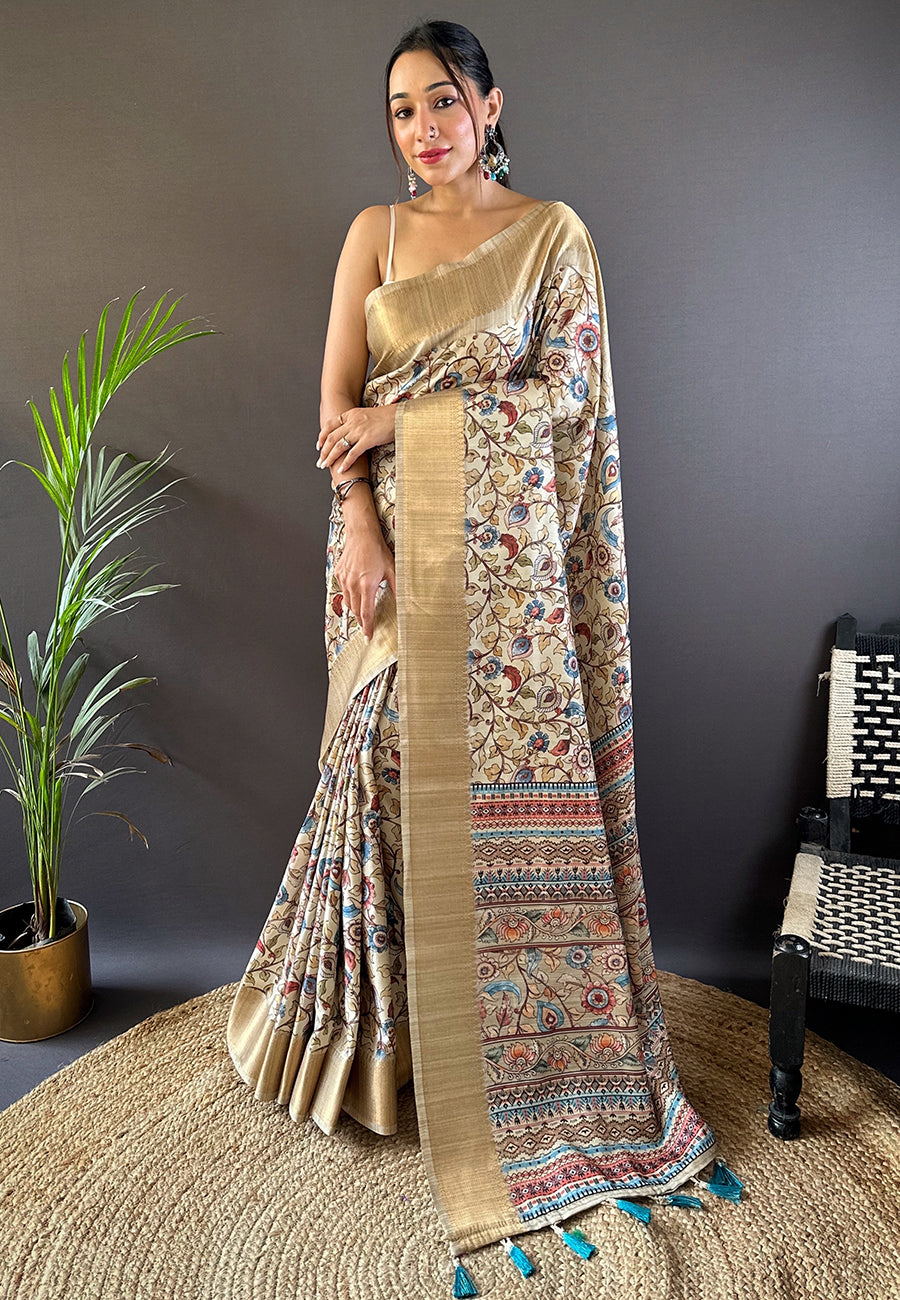 Cream Tussar Silk Saree With Blouse Piece