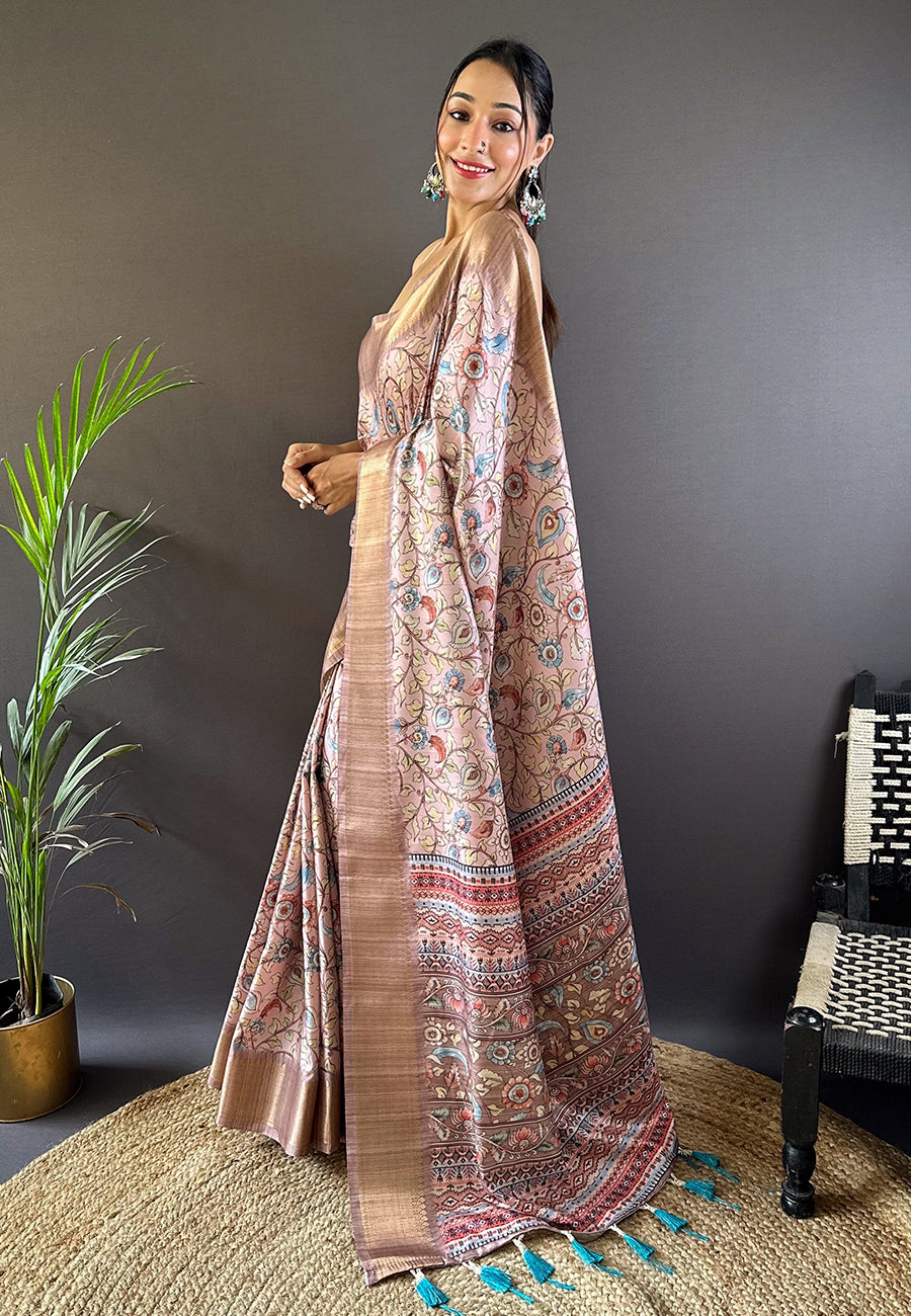 Pink Assam Silk Kalamkari Printed Saree