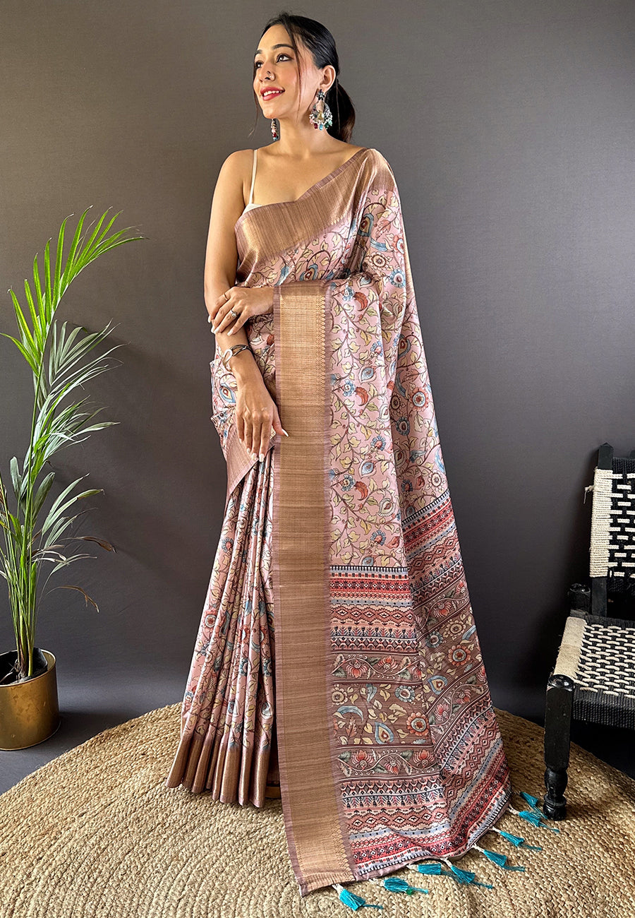 Pink Assam Silk Kalamkari Printed Saree