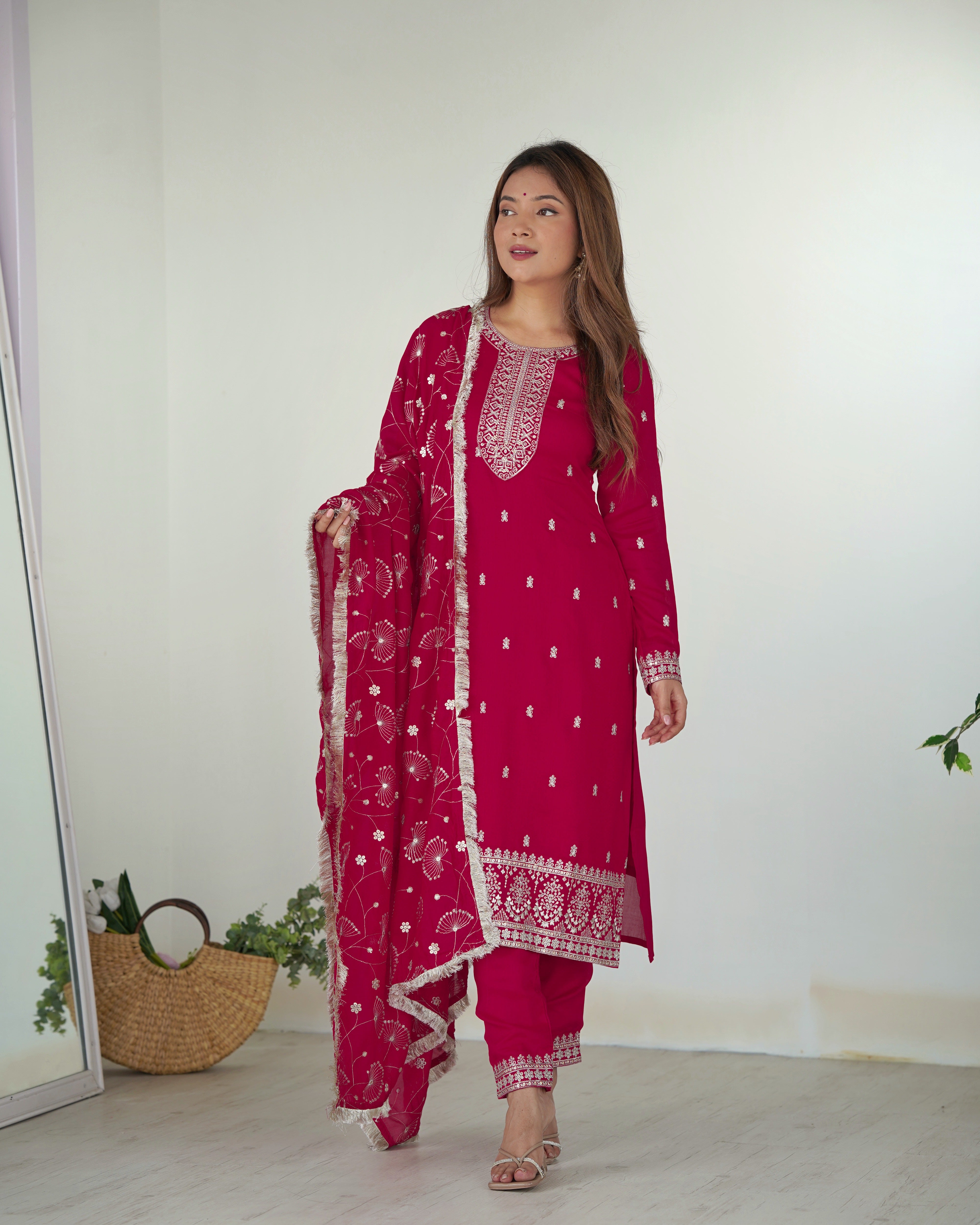 Rani Pink Embroidered Blooming Rangoli Silk Kurta Set