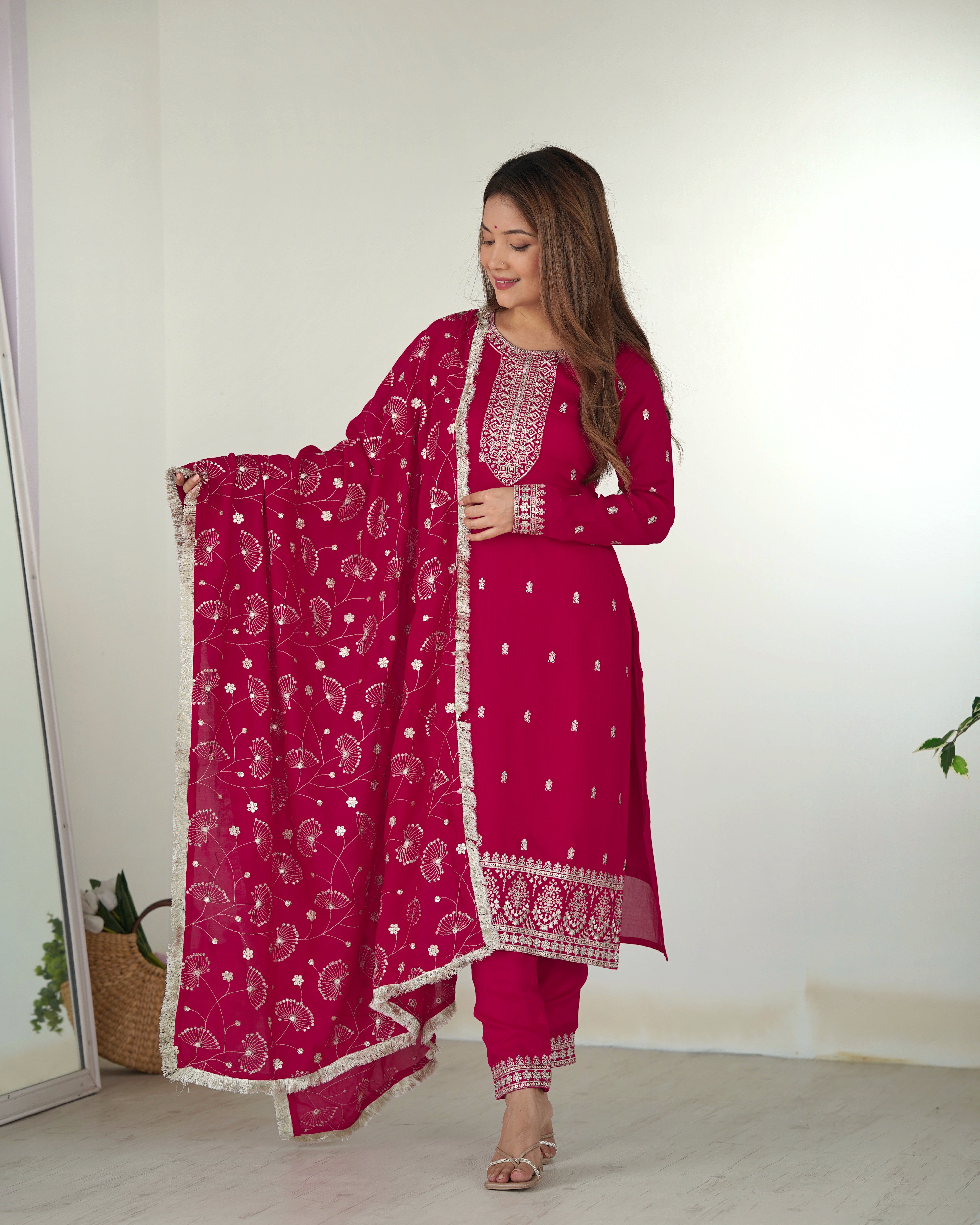 Rani Pink Embroidered Blooming Rangoli Silk Kurta Set