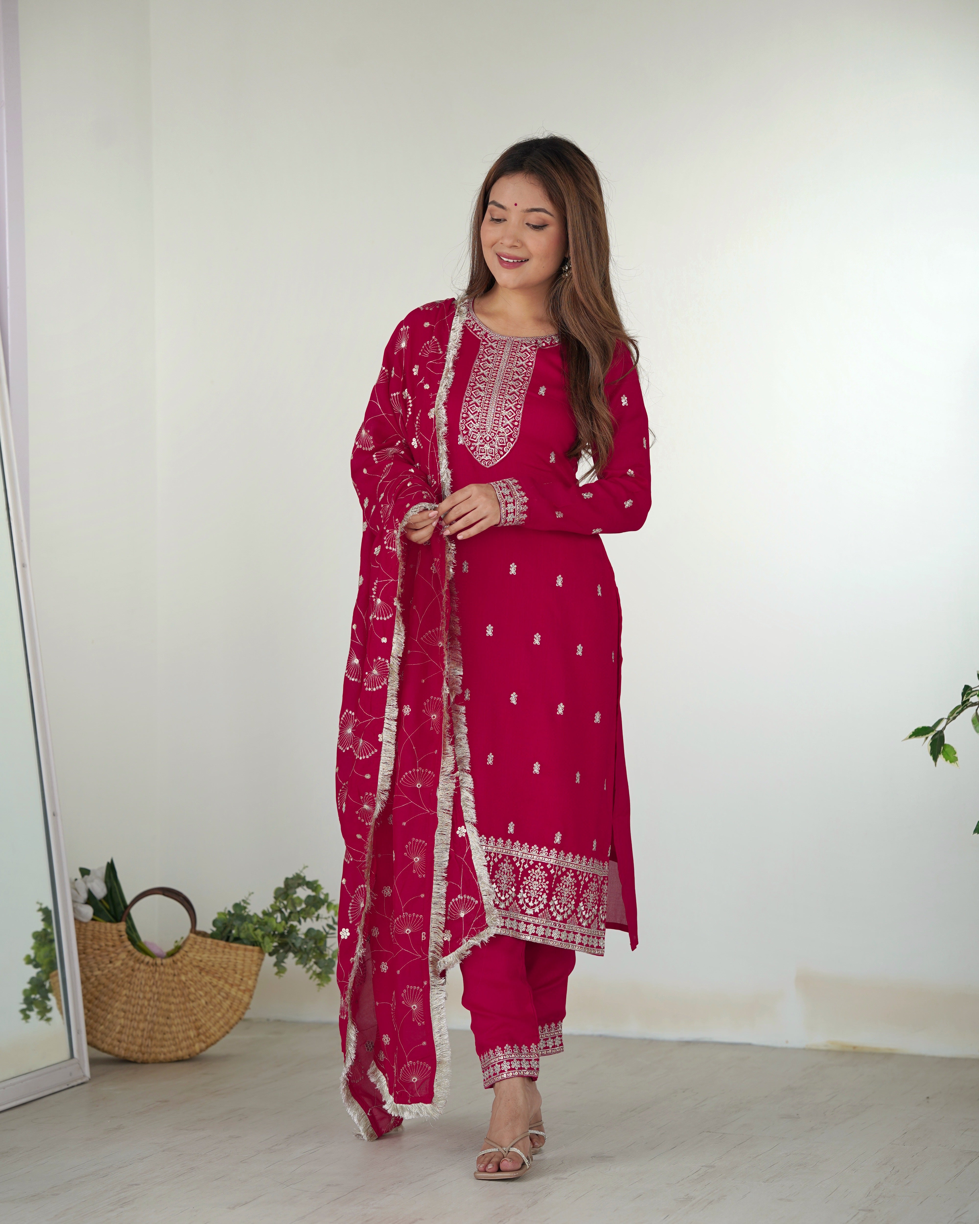 Rani Pink Embroidered Blooming Rangoli Silk Kurta Set