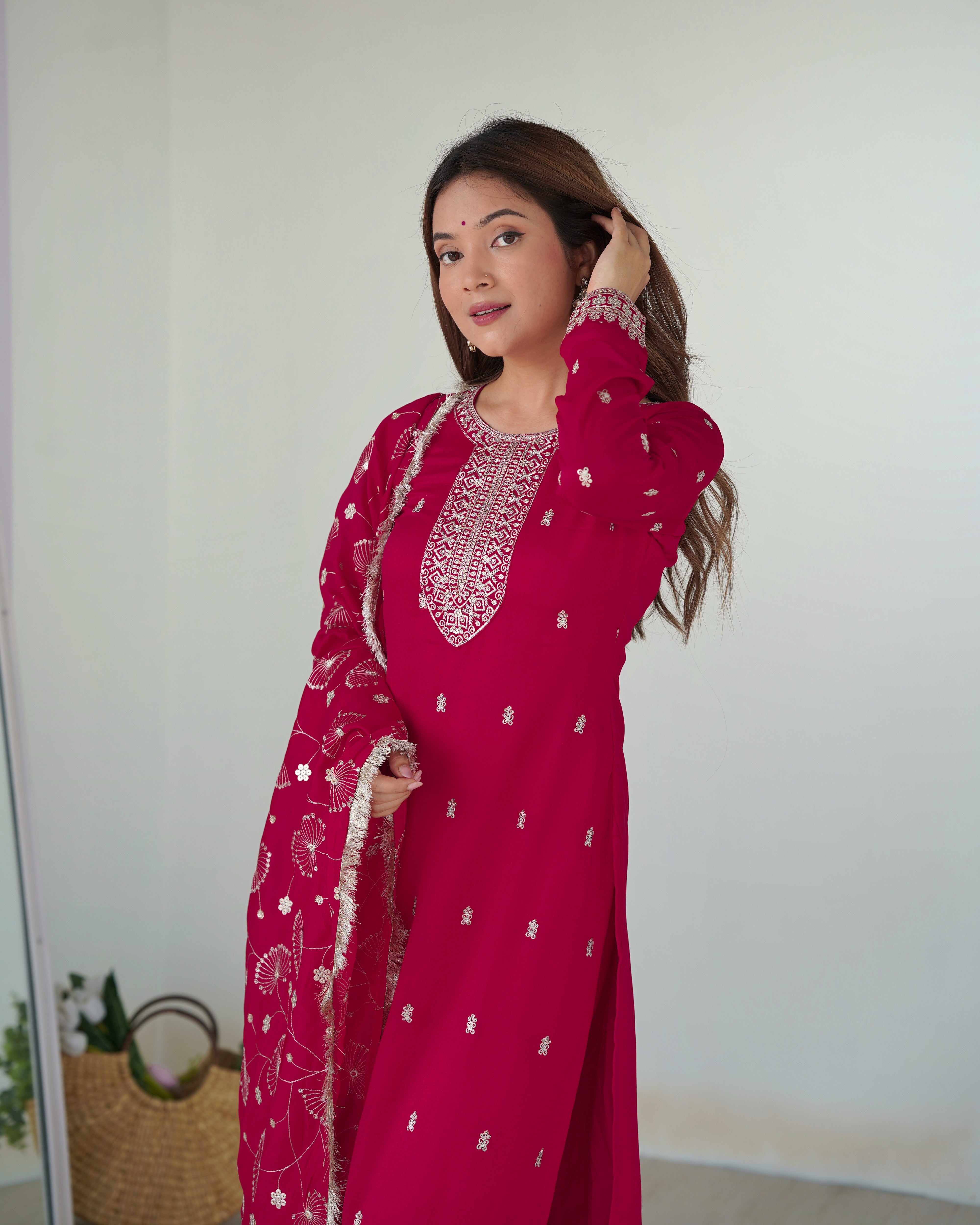 Rani Pink Embroidered Blooming Rangoli Silk Kurta Set