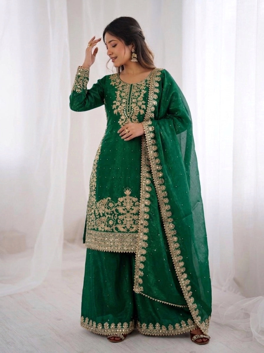 Green Color GMY Silk Embroidered Top Bottom Dupatta Set for Women | Nardev Fashion