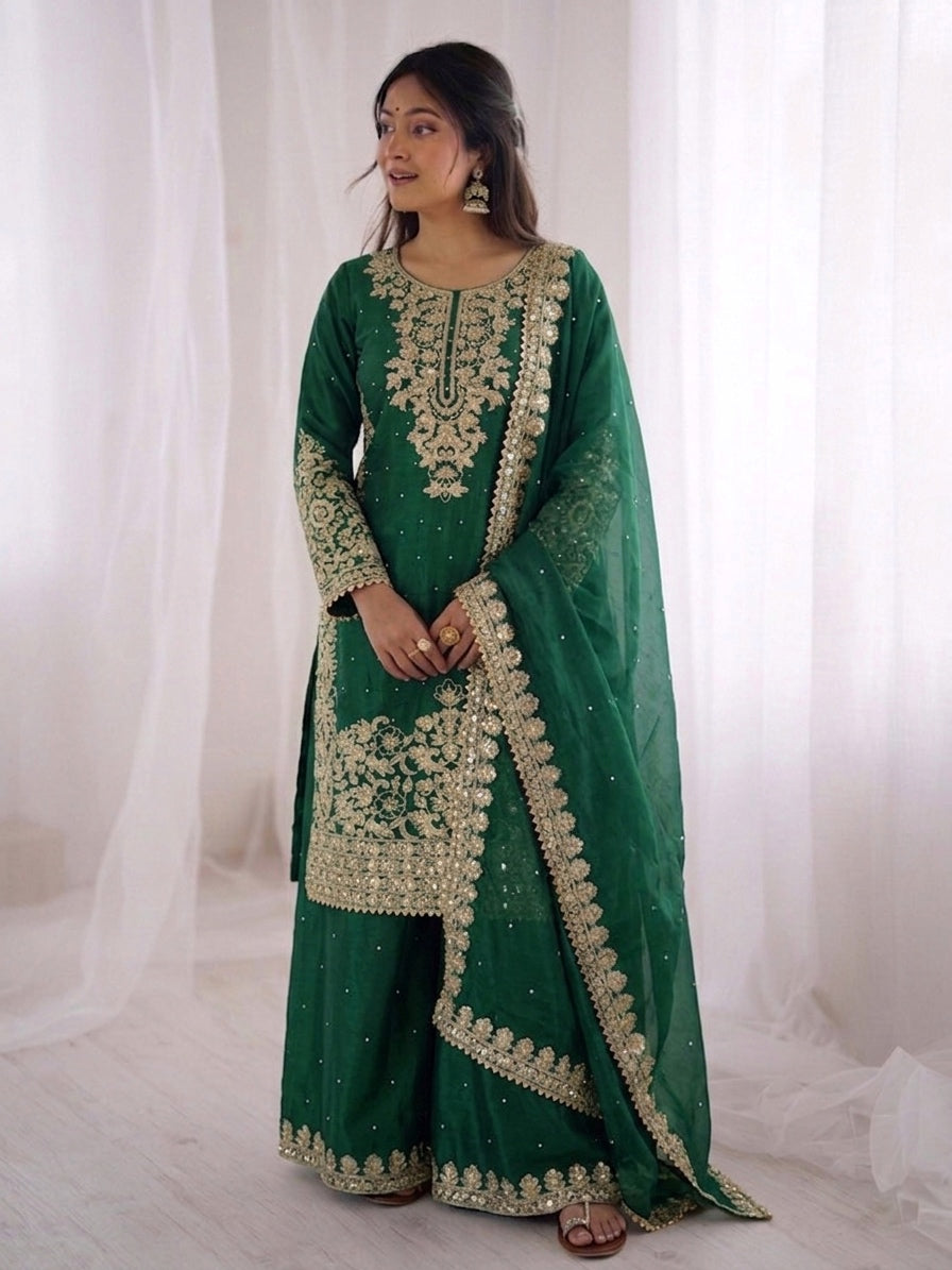 Green Color GMY Silk Embroidered Top Bottom Dupatta Set for Women | Nardev Fashion
