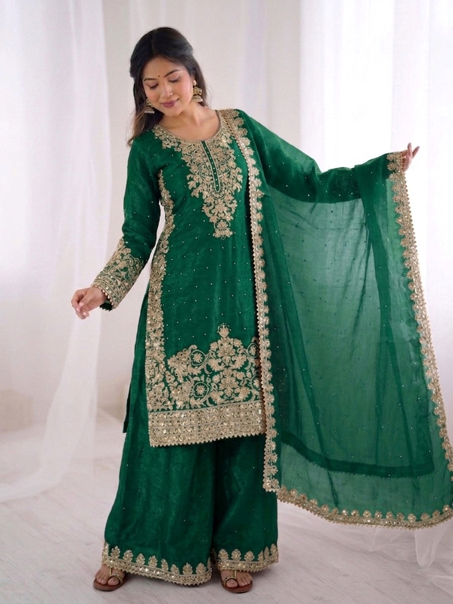 Green Color GMY Silk Embroidered Top Bottom Dupatta Set for Women | Nardev Fashion
