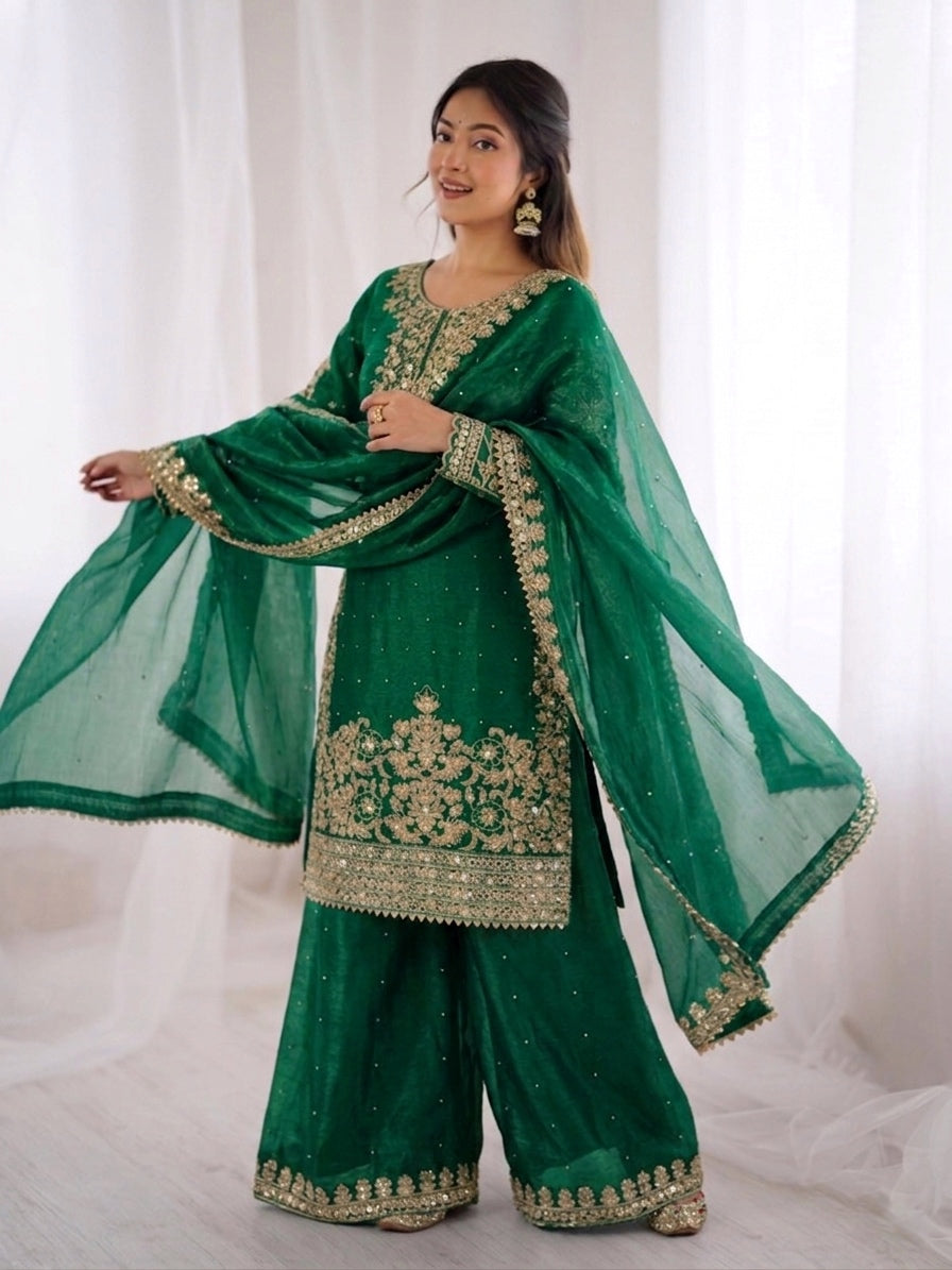 Green Color GMY Silk Embroidered Top Bottom Dupatta Set for Women | Nardev Fashion