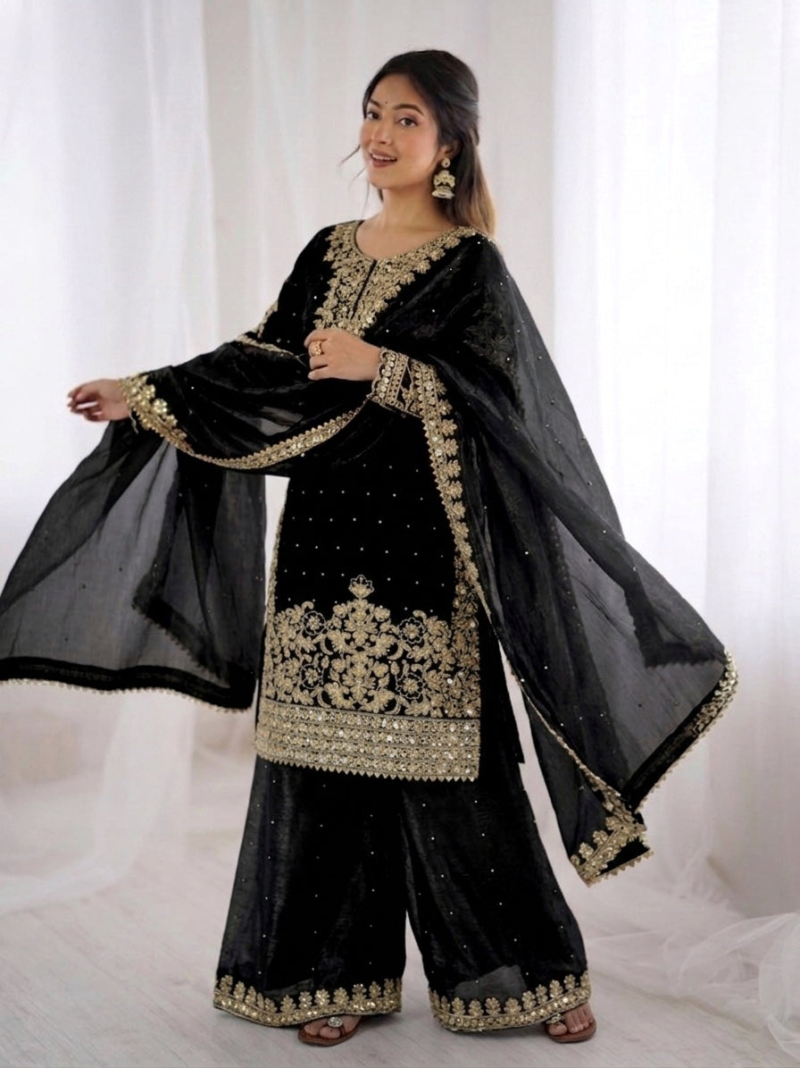 Black Color GMY Silk Embroidered Top Bottom Dupatta Set for Women | Nardev Fashion