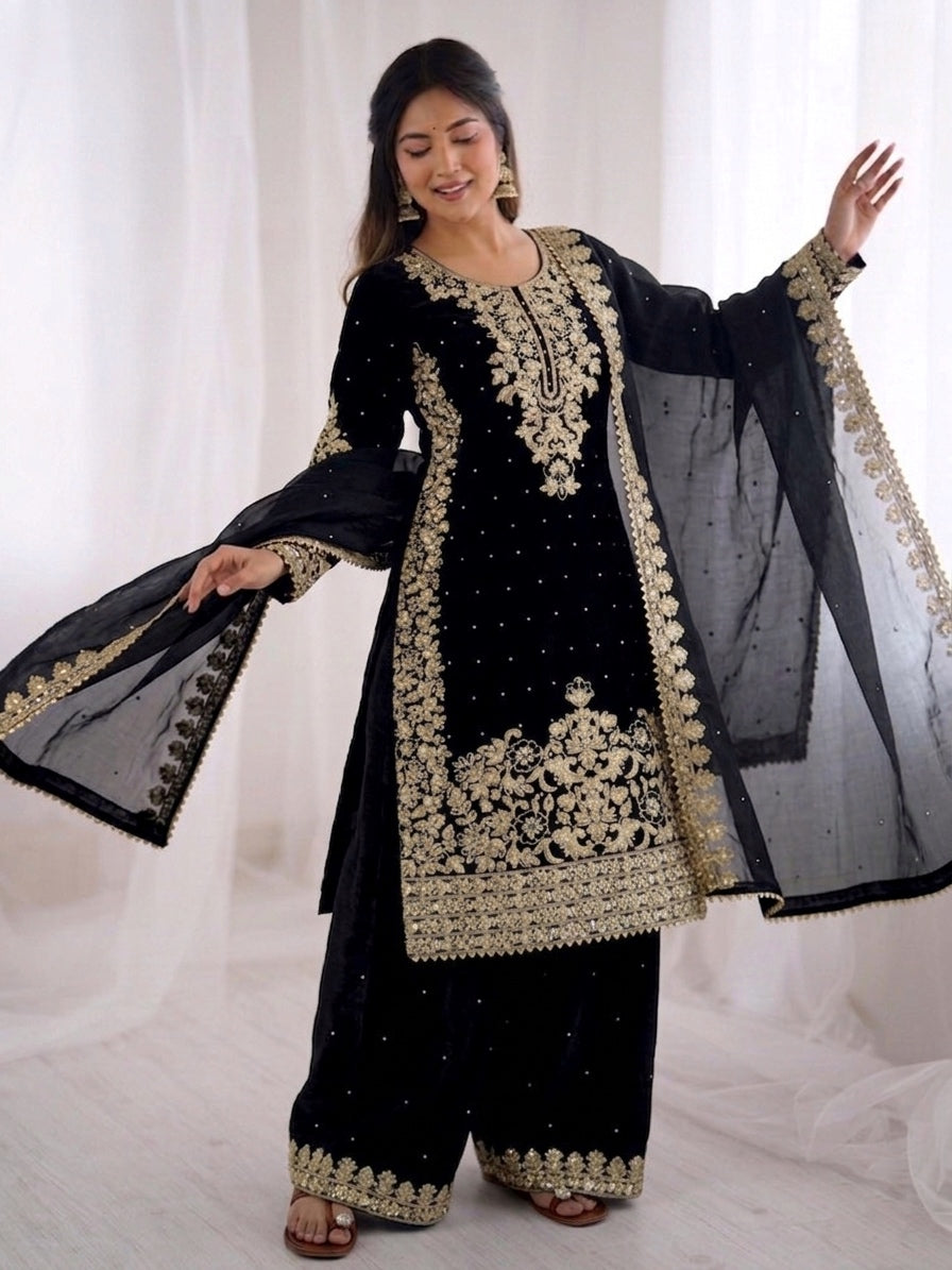 Black Color GMY Silk Embroidered Top Bottom Dupatta Set for Women | Nardev Fashion