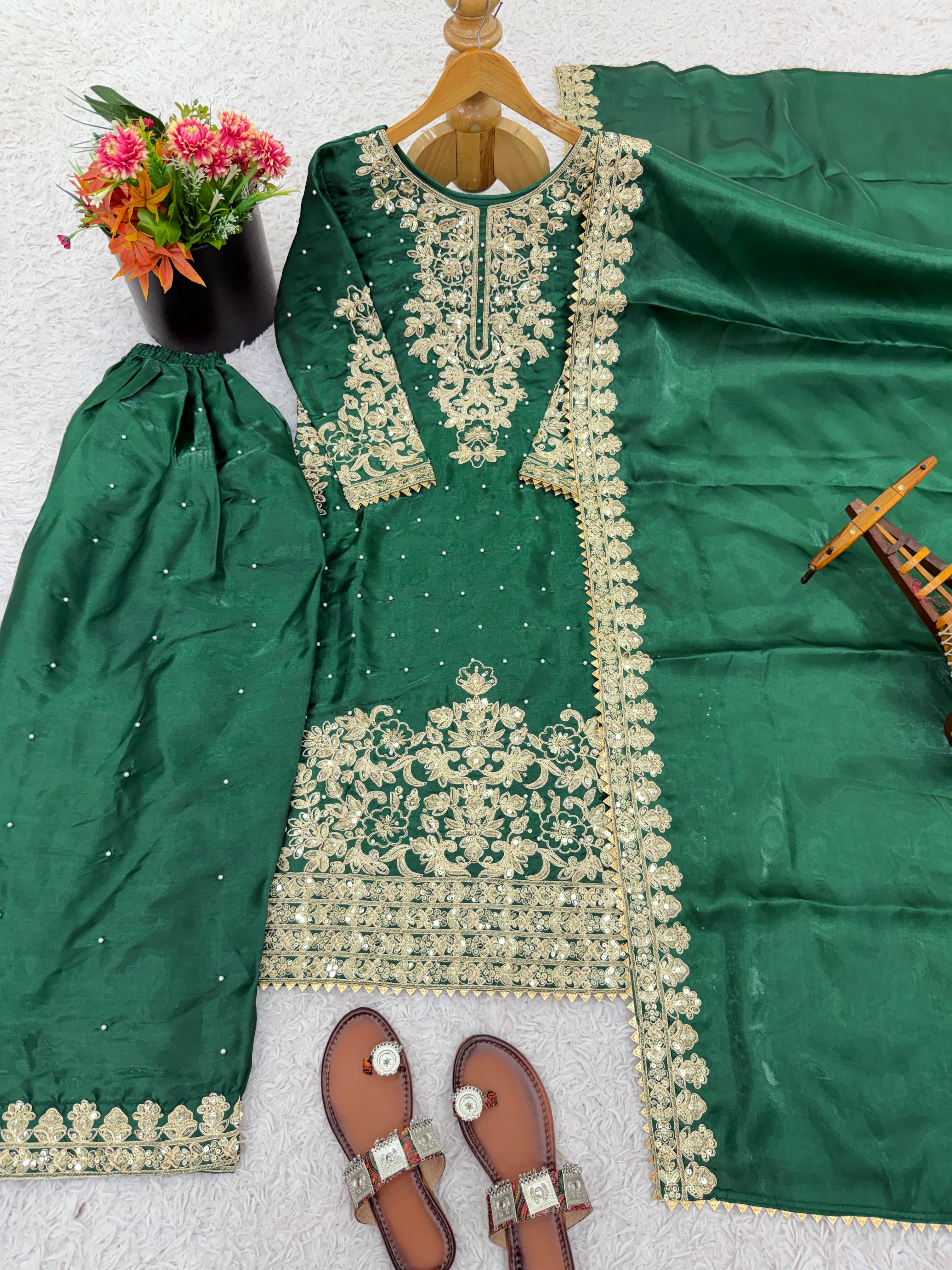Green Color GMY Silk Embroidered Top Bottom Dupatta Set for Women | Nardev Fashion