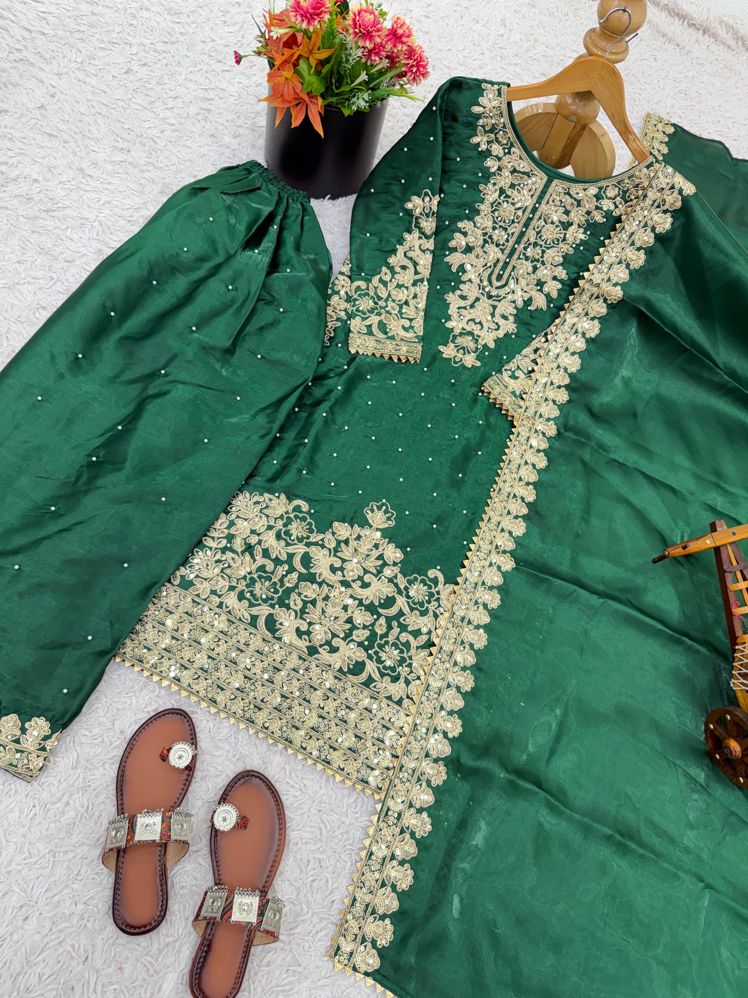Green Color GMY Silk Embroidered Top Bottom Dupatta Set for Women | Nardev Fashion