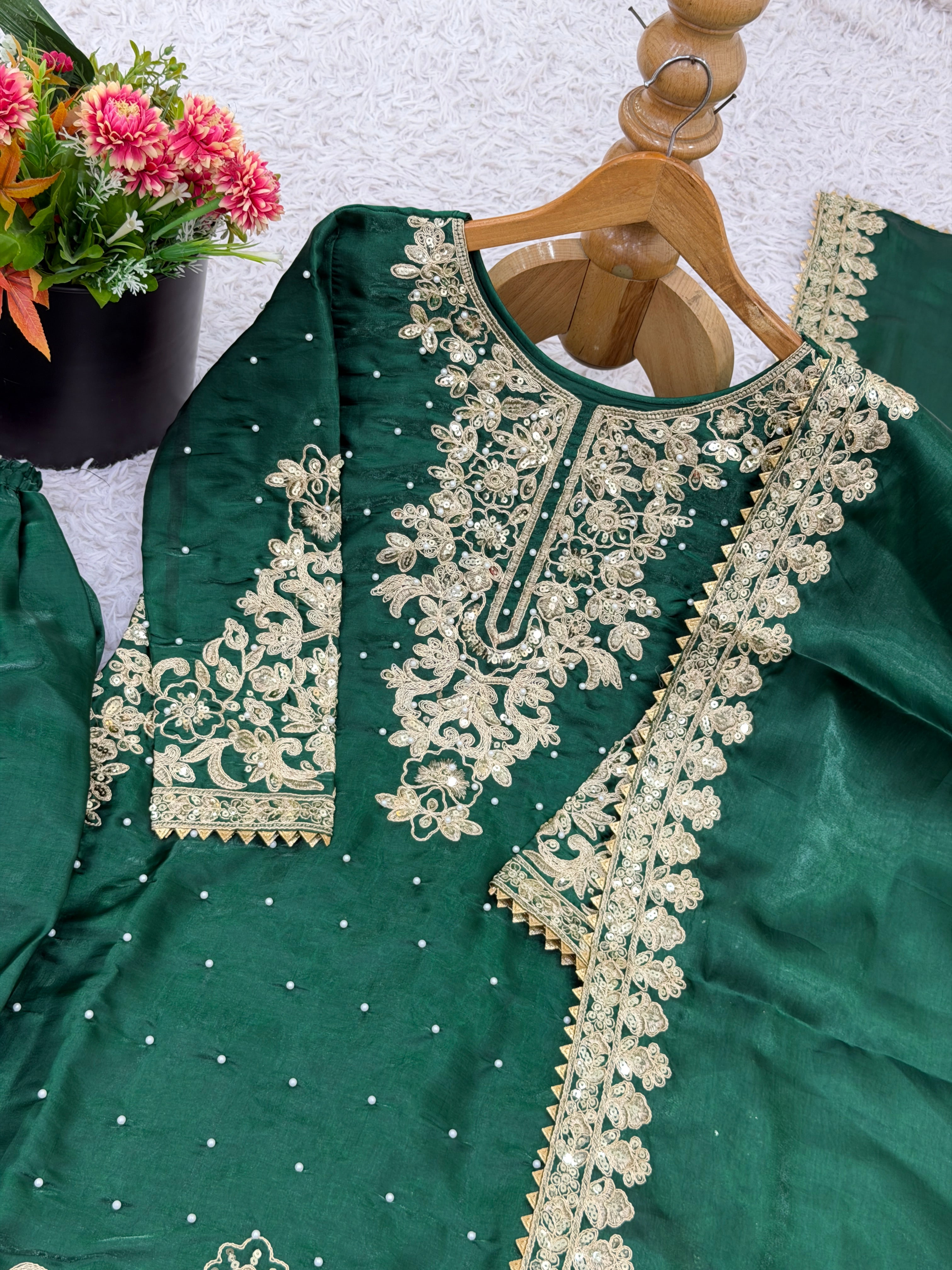 Green Color GMY Silk Embroidered Top Bottom Dupatta Set for Women | Nardev Fashion