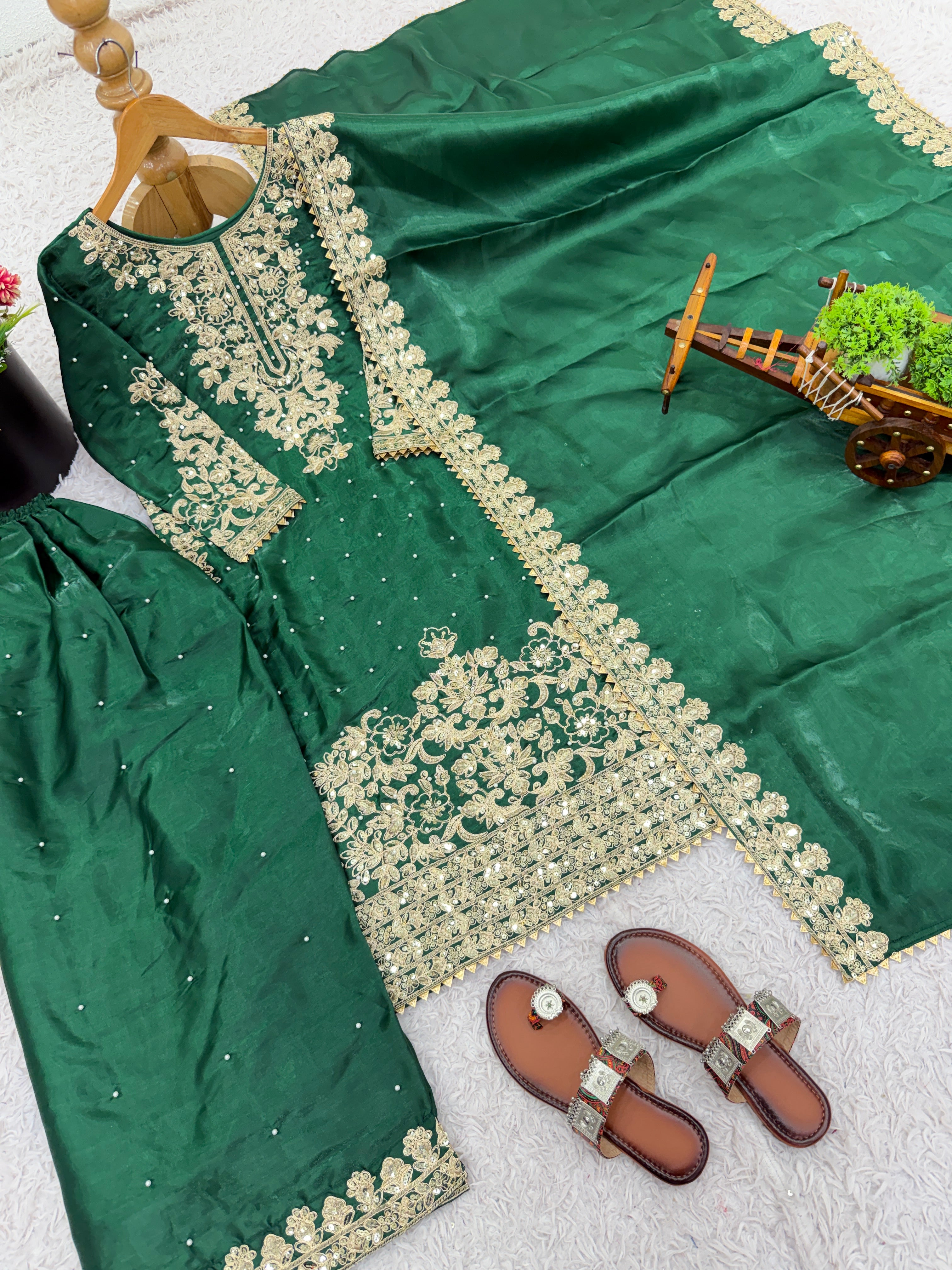 Green Color GMY Silk Embroidered Top Bottom Dupatta Set for Women | Nardev Fashion