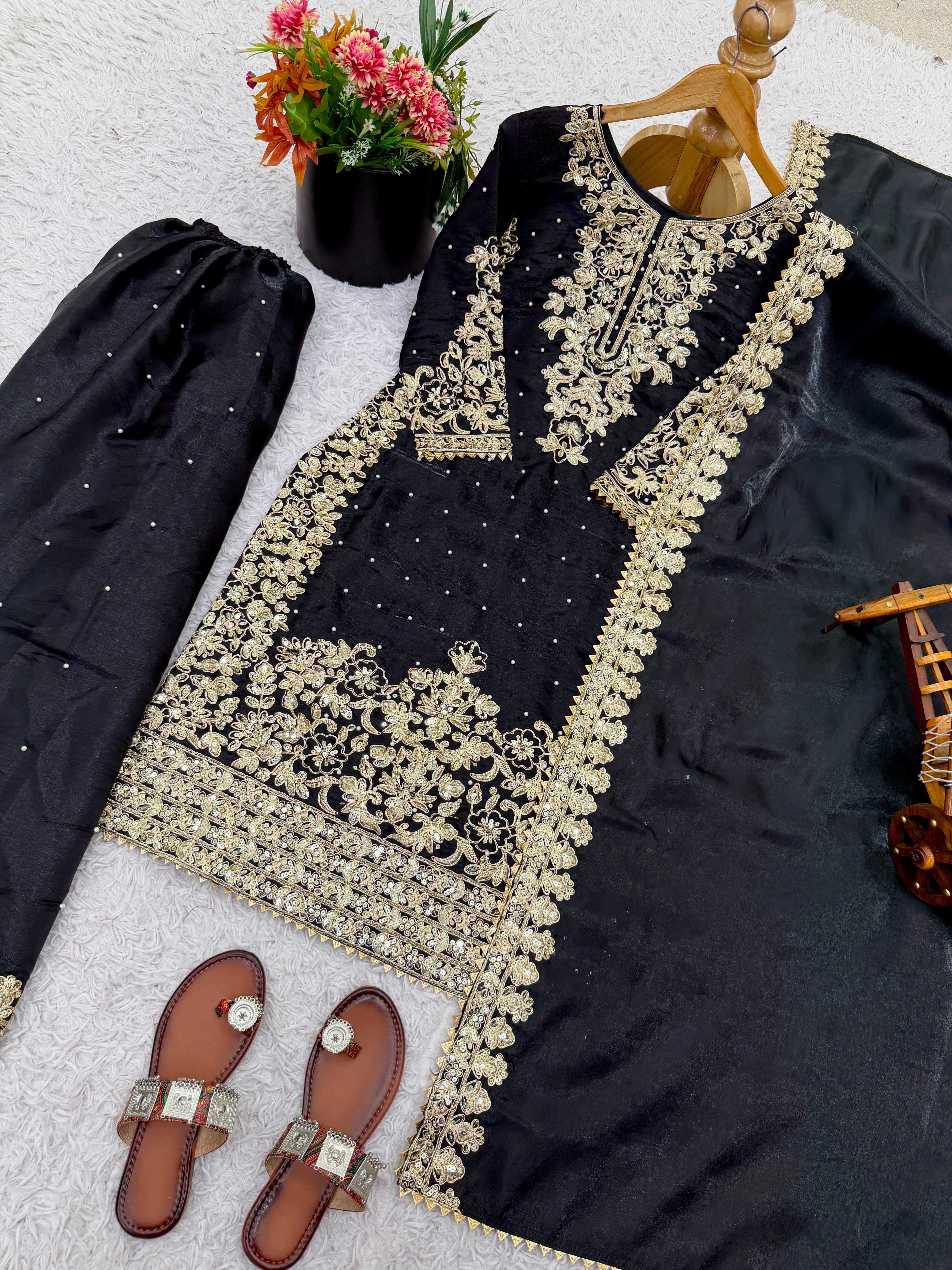 Black Color GMY Silk Embroidered Top Bottom Dupatta Set for Women | Nardev Fashion