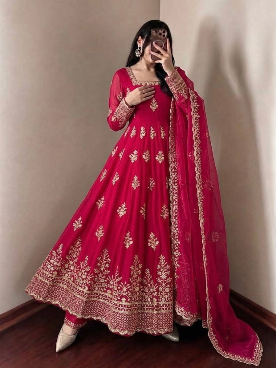 Ruby Red Fendy Silk Embroidered Anarkali Gown Set with Dupatta