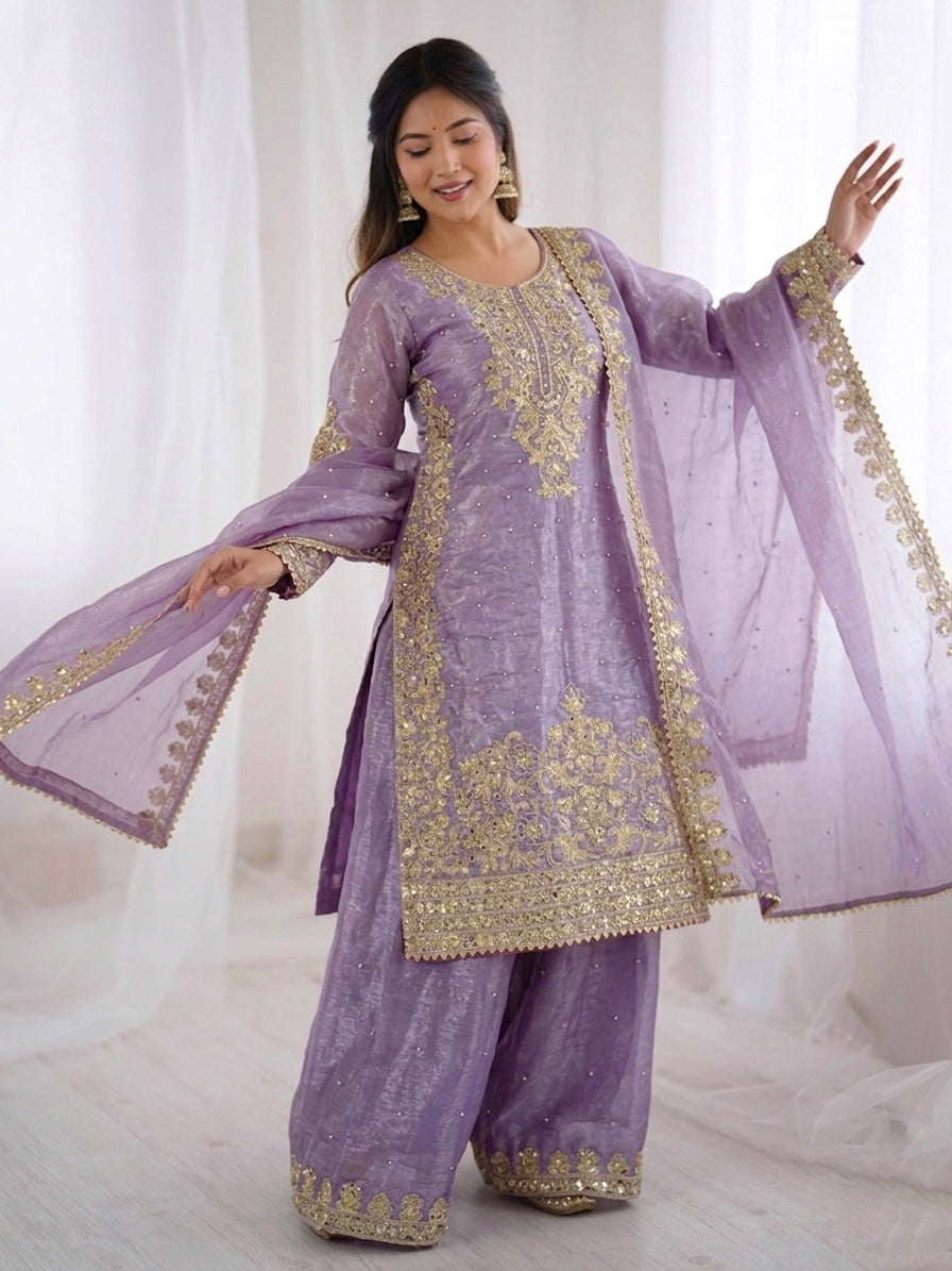 Purple Color GMY Silk Embroidered Top Bottom Dupatta Set for Women | Nardev Fashion