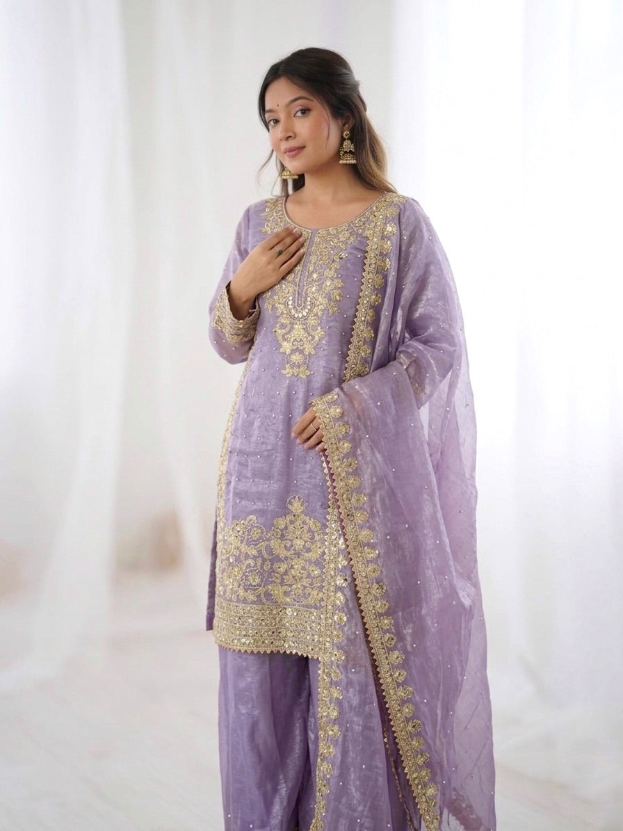Purple Color GMY Silk Embroidered Top Bottom Dupatta Set for Women | Nardev Fashion