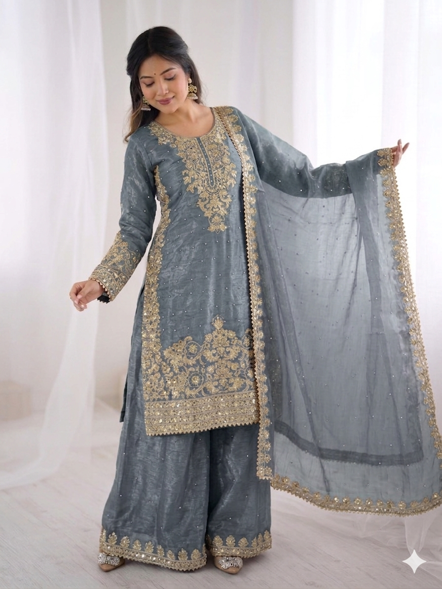 Grey Color GMY Silk Embroidered Top Bottom Dupatta Set for Women | Nardev Fashion