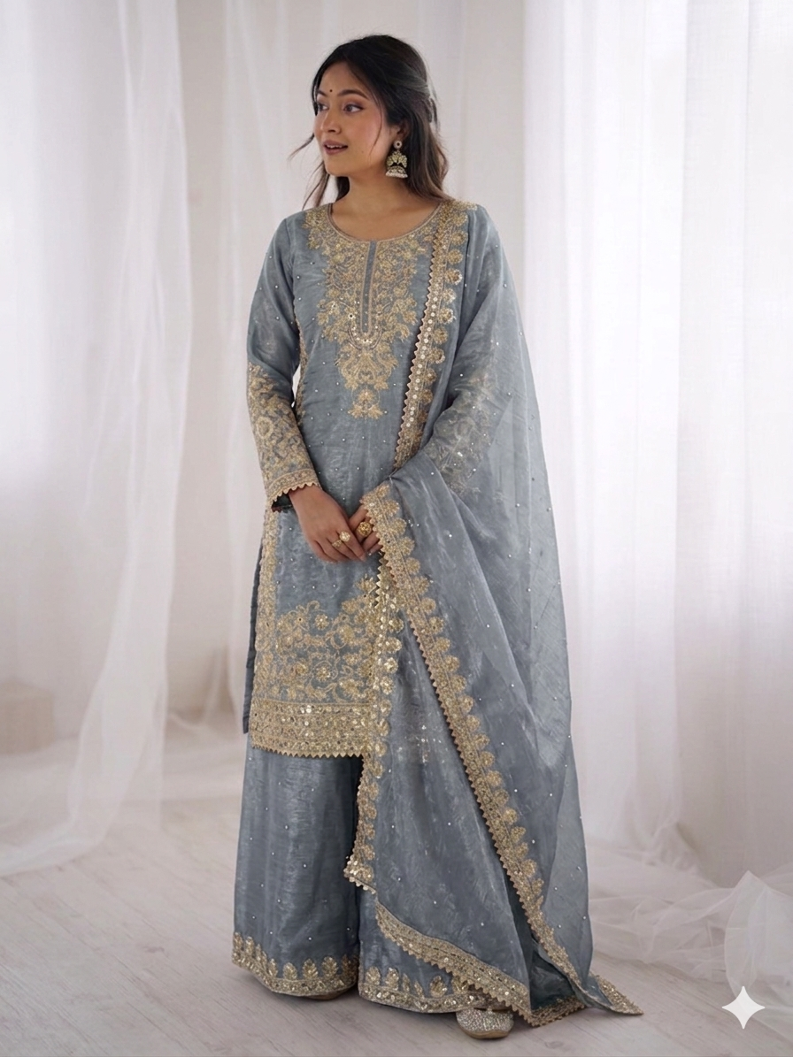 Grey Color GMY Silk Embroidered Top Bottom Dupatta Set for Women | Nardev Fashion