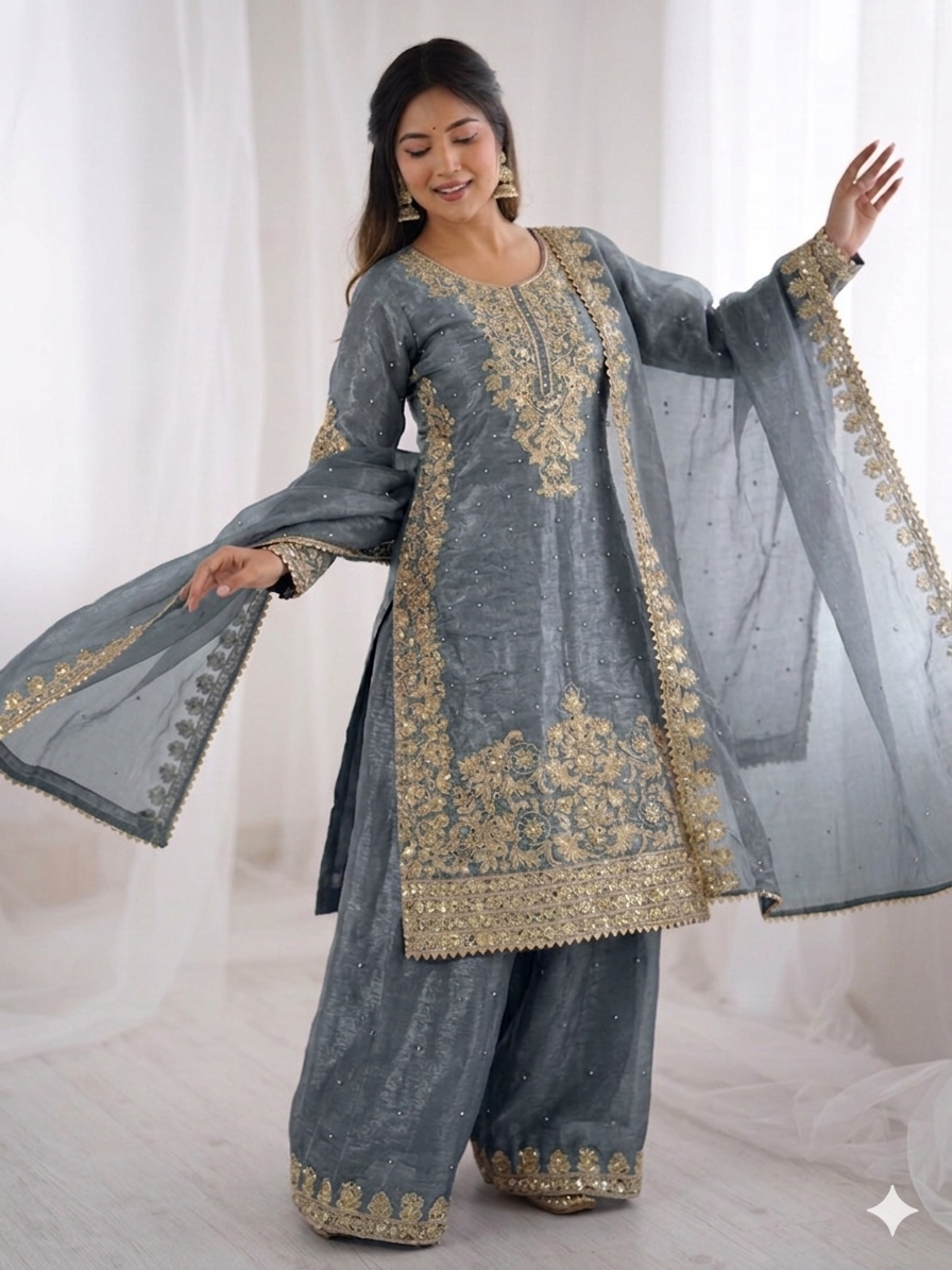 Grey Color GMY Silk Embroidered Top Bottom Dupatta Set for Women | Nardev Fashion