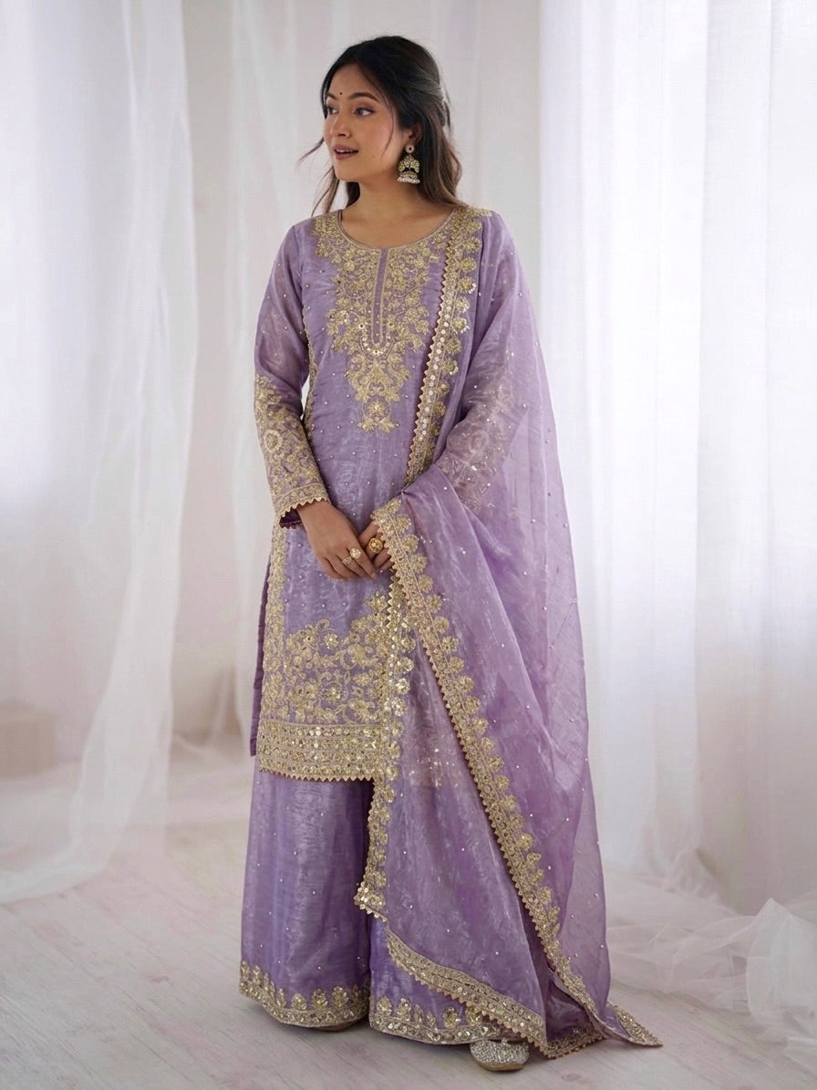 Purple Color GMY Silk Embroidered Top Bottom Dupatta Set for Women | Nardev Fashion