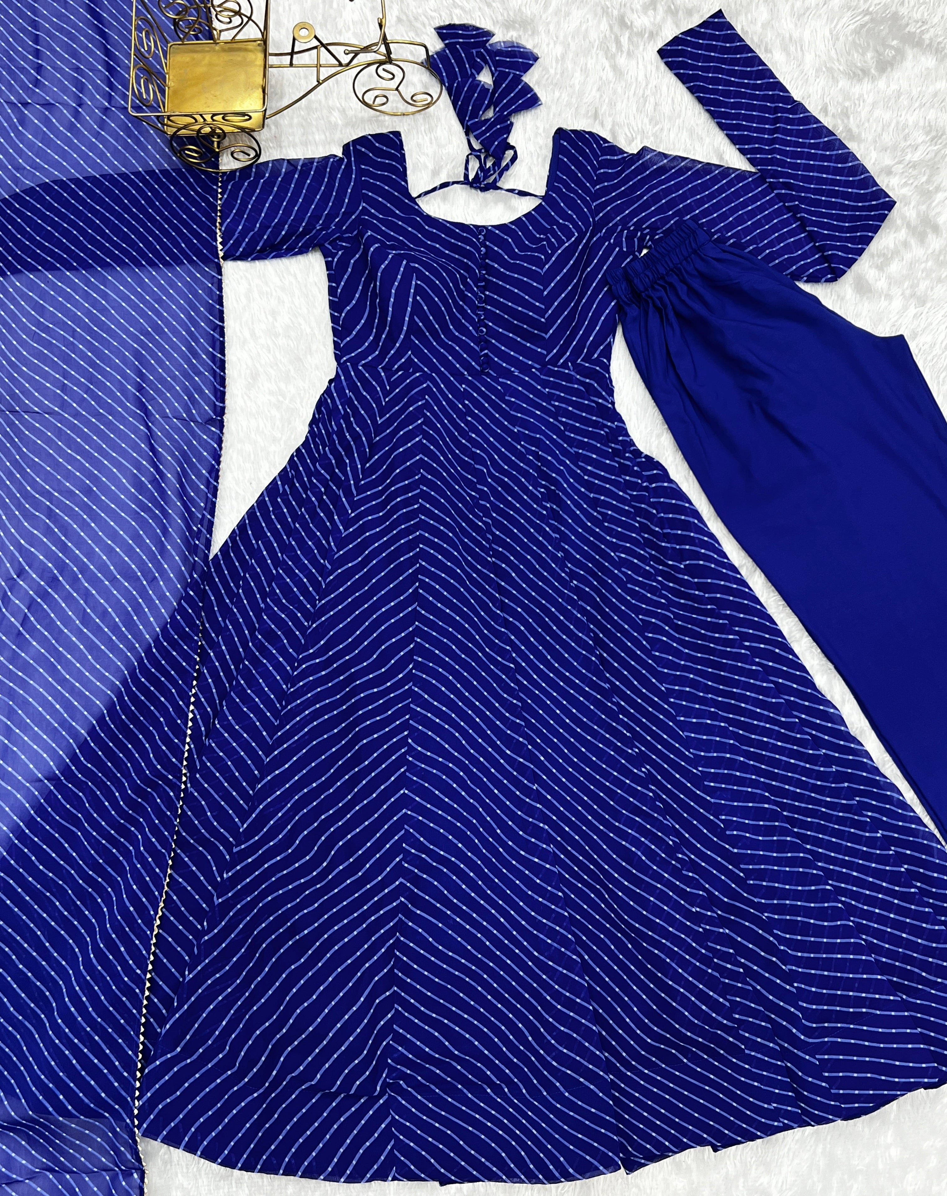 Royal Blue Laheriya Print Fox Georgette Anarkali Suit Set with Dupatta & Pant
