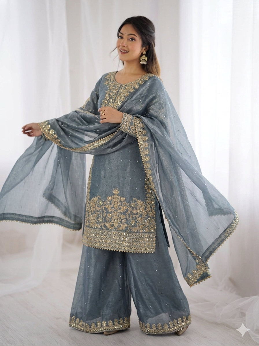 Grey Color GMY Silk Embroidered Top Bottom Dupatta Set for Women | Nardev Fashion