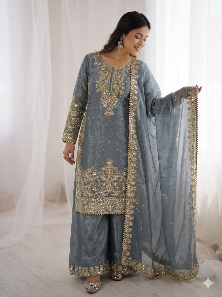 Grey Color GMY Silk Embroidered Top Bottom Dupatta Set for Women | Nardev Fashion