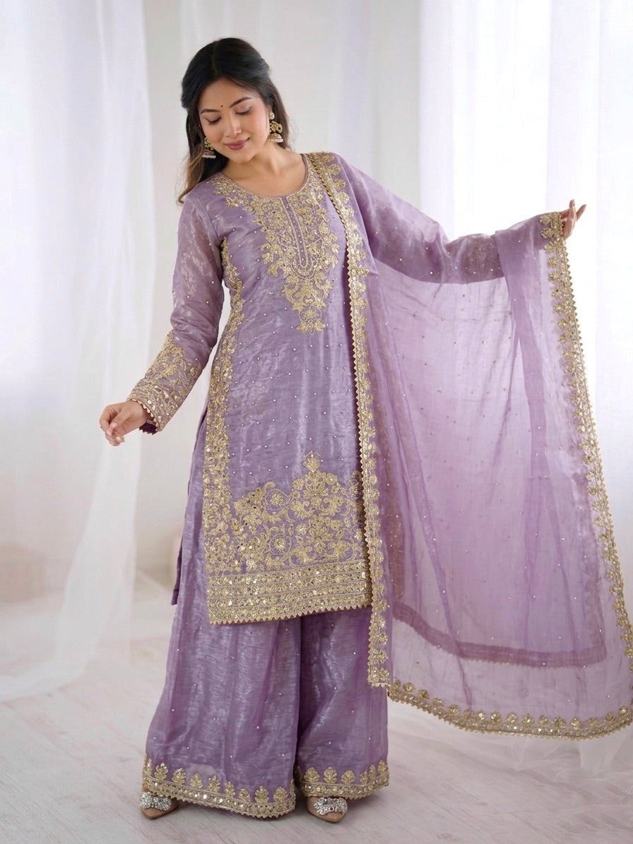 Purple Color GMY Silk Embroidered Top Bottom Dupatta Set for Women | Nardev Fashion