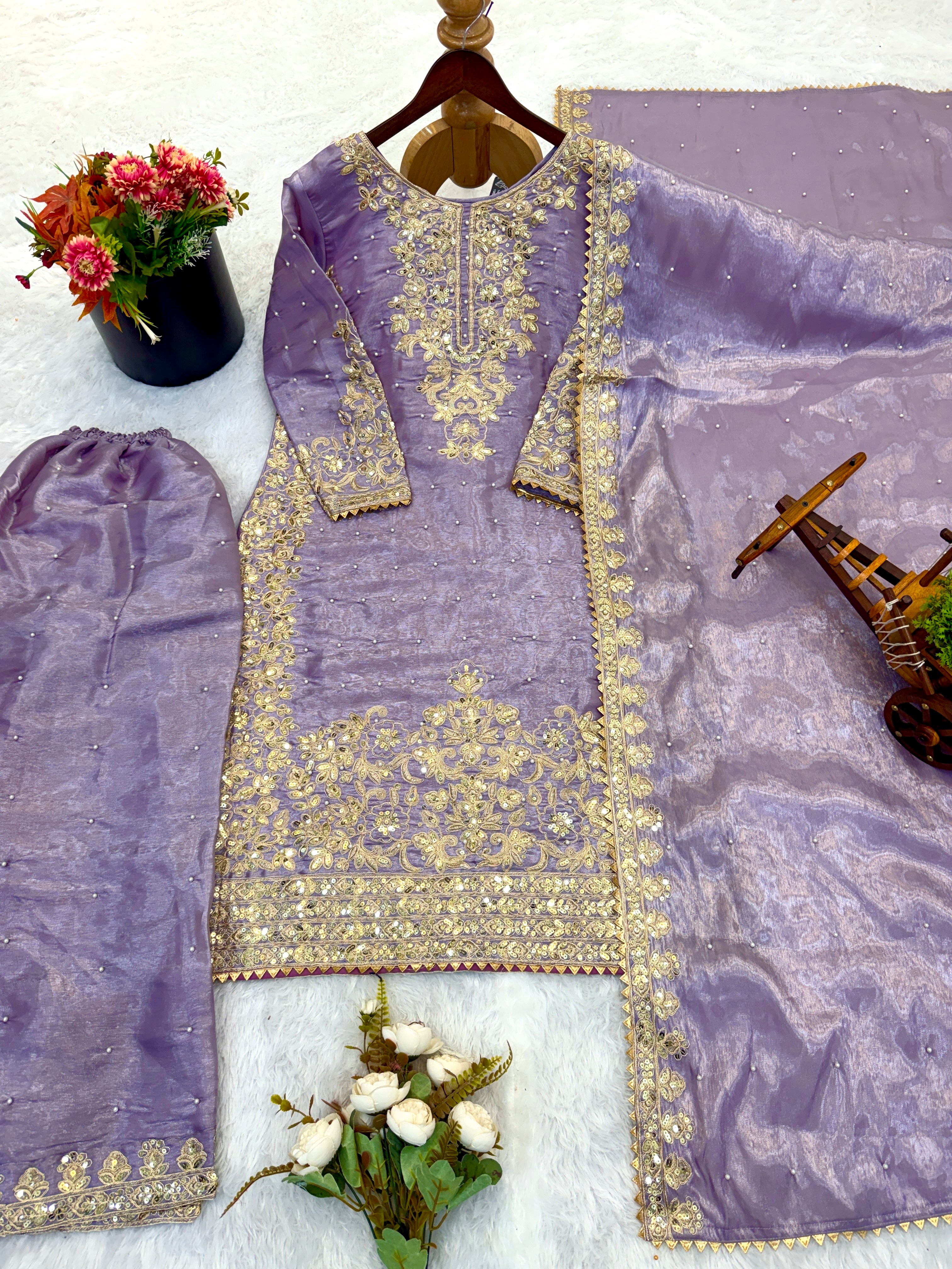 Purple Color GMY Silk Embroidered Top Bottom Dupatta Set for Women | Nardev Fashion