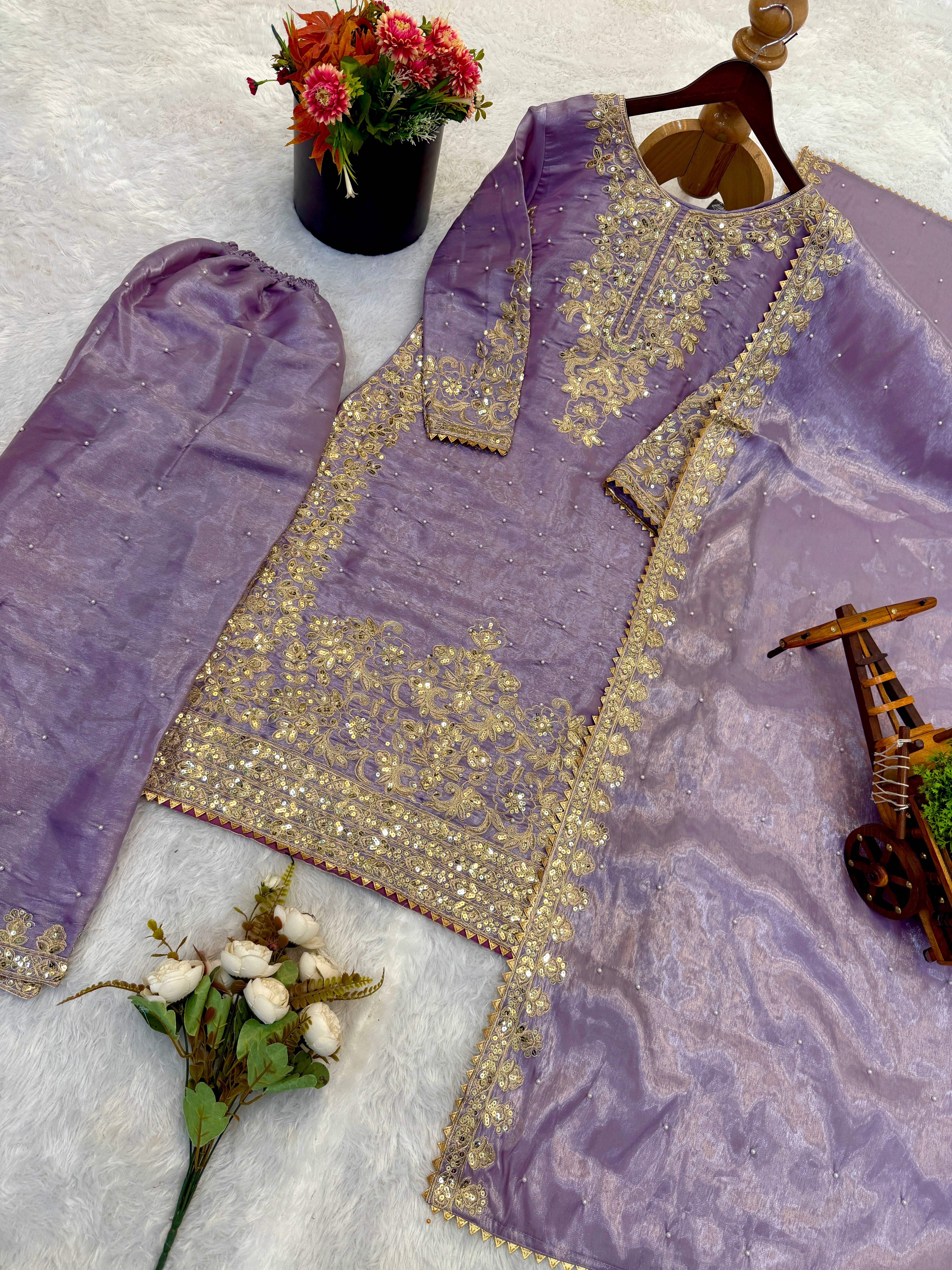 Purple Color GMY Silk Embroidered Top Bottom Dupatta Set for Women | Nardev Fashion