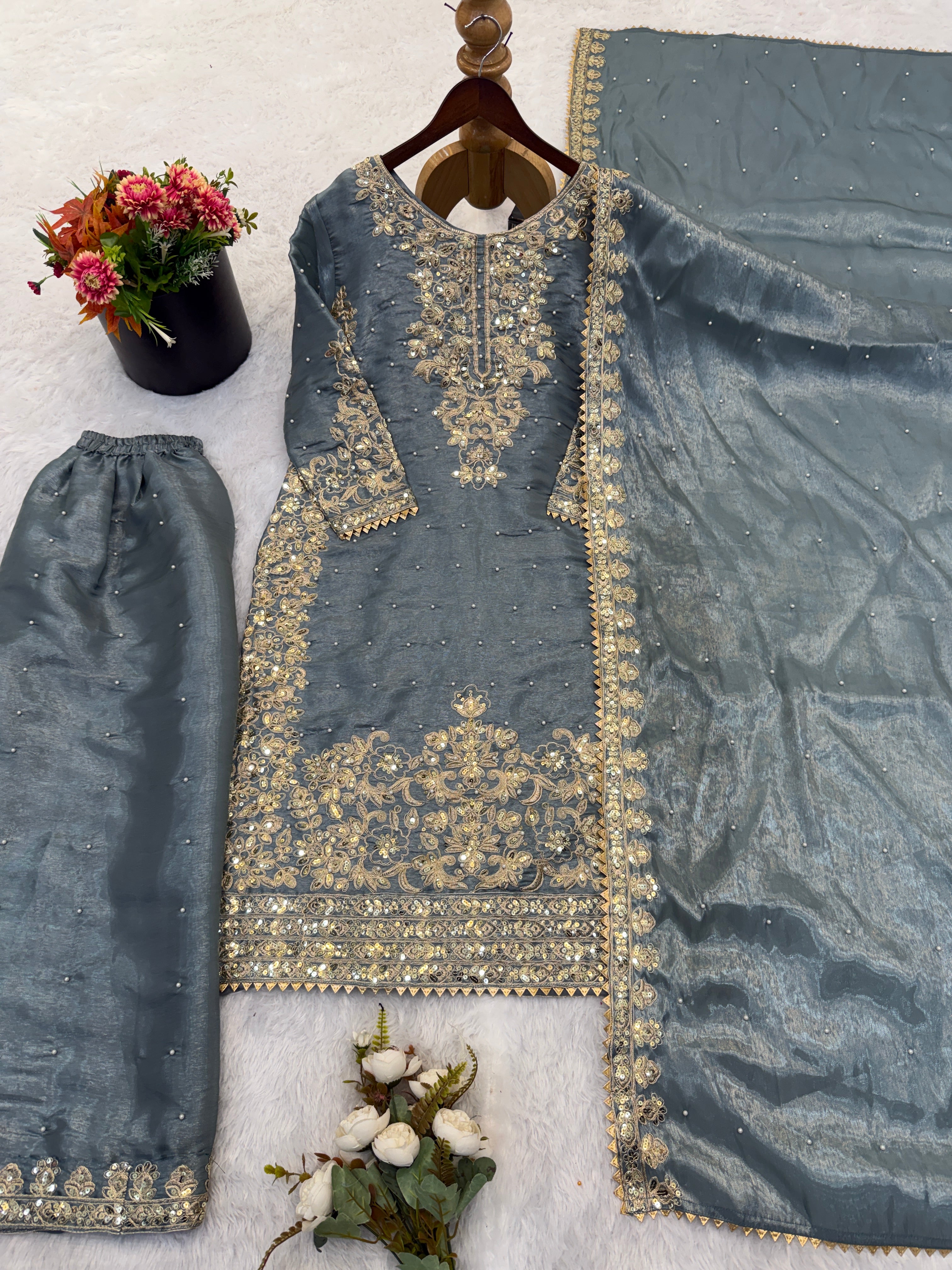 Grey Color GMY Silk Embroidered Top Bottom Dupatta Set for Women | Nardev Fashion