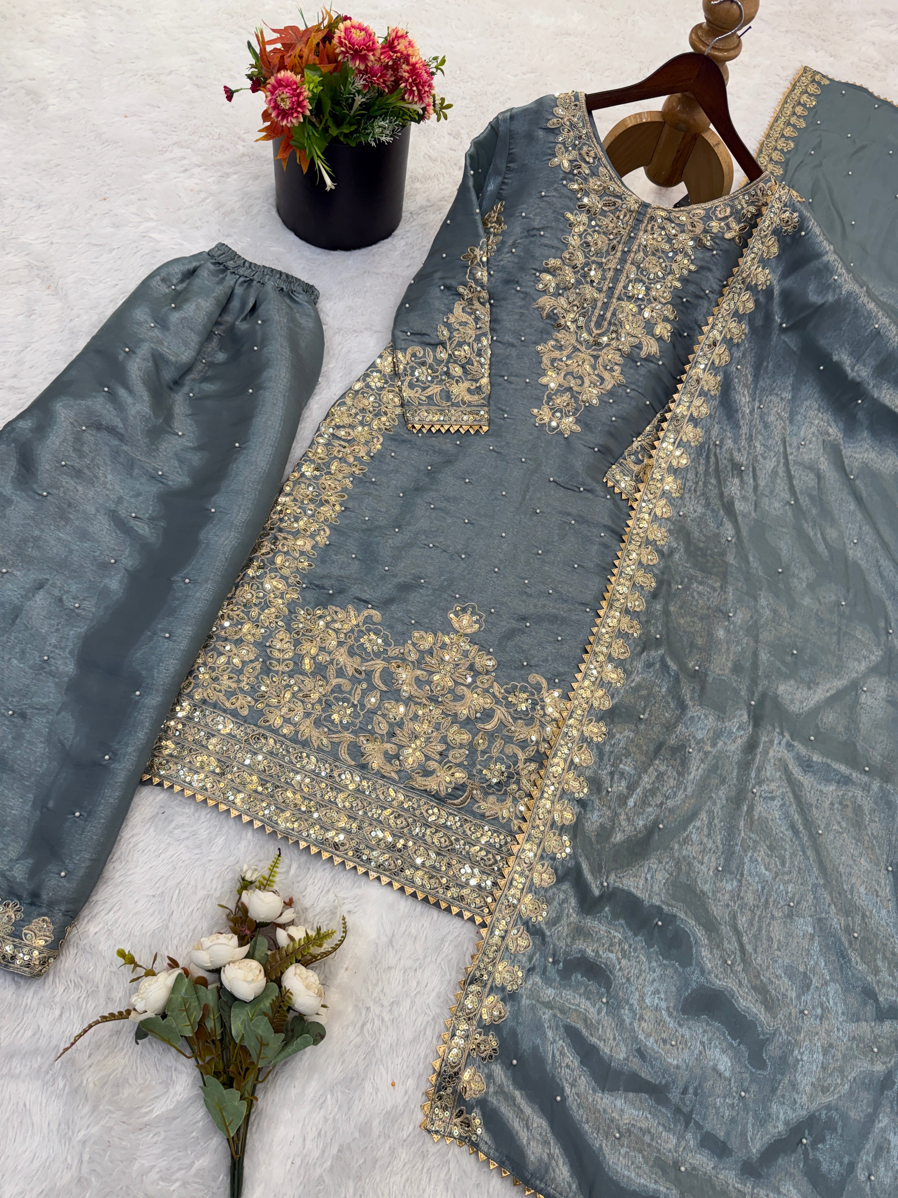 Grey Color GMY Silk Embroidered Top Bottom Dupatta Set for Women | Nardev Fashion