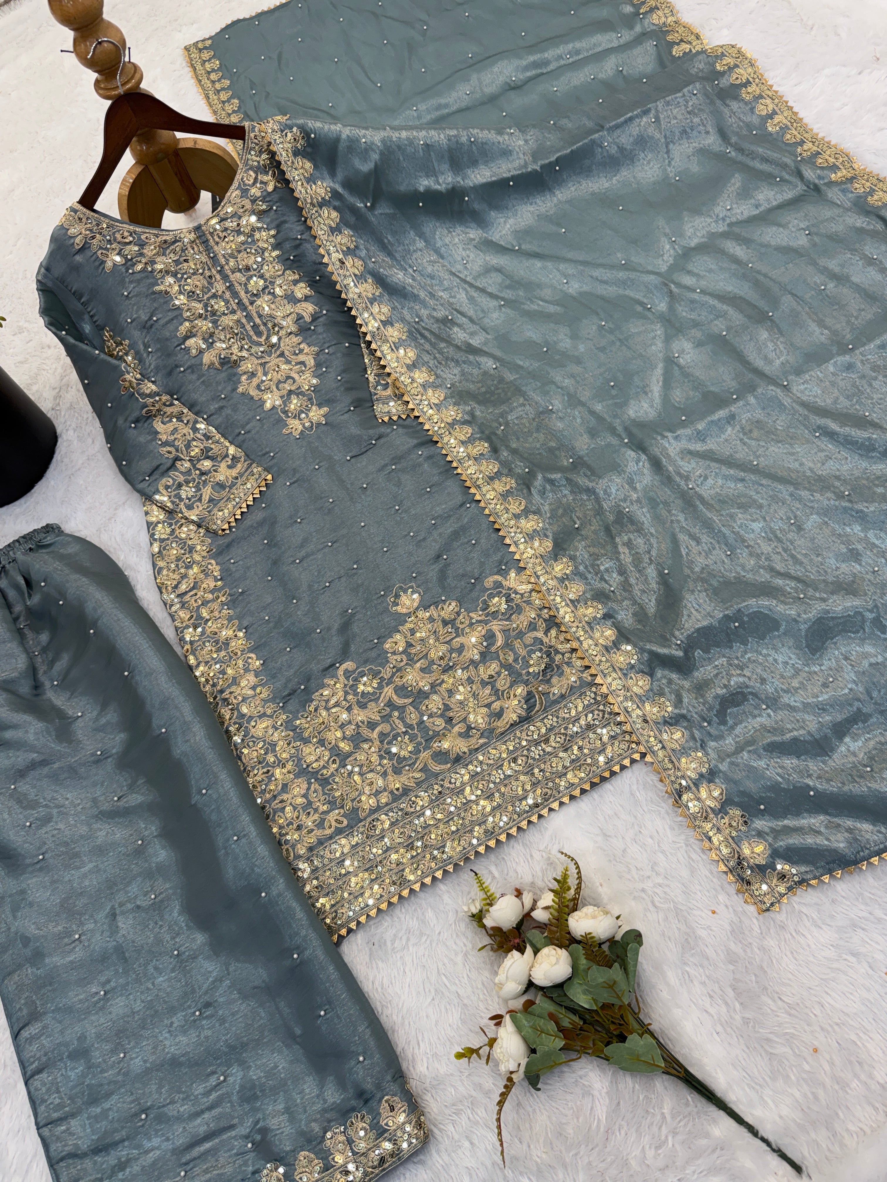Grey Color GMY Silk Embroidered Top Bottom Dupatta Set for Women | Nardev Fashion