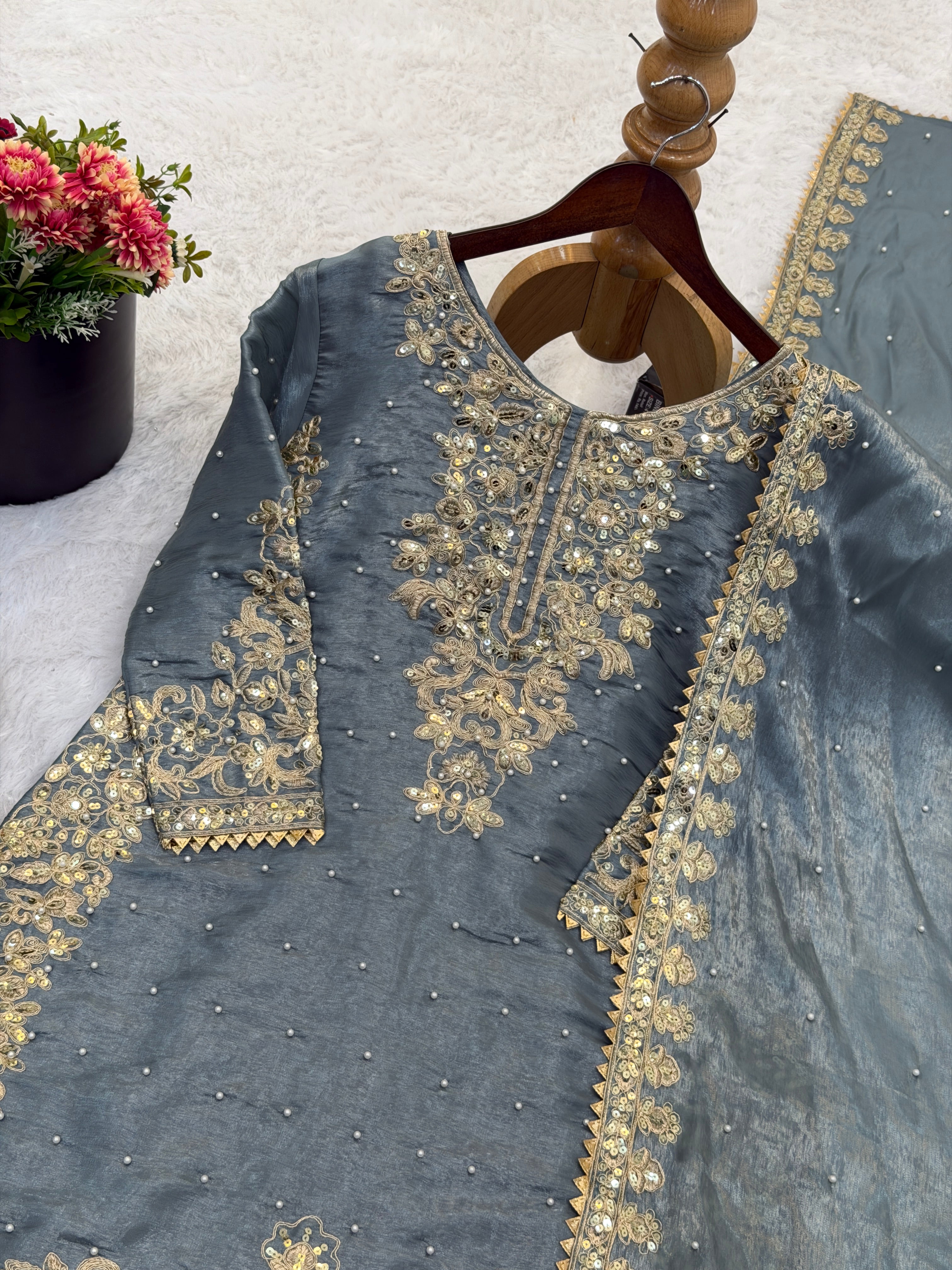 Grey Color GMY Silk Embroidered Top Bottom Dupatta Set for Women | Nardev Fashion