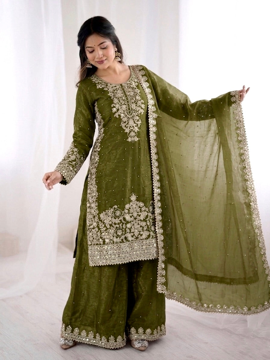 Mehendi Color GMY Silk Embroidered Top Bottom Dupatta Set for Women | Nardev Fashion